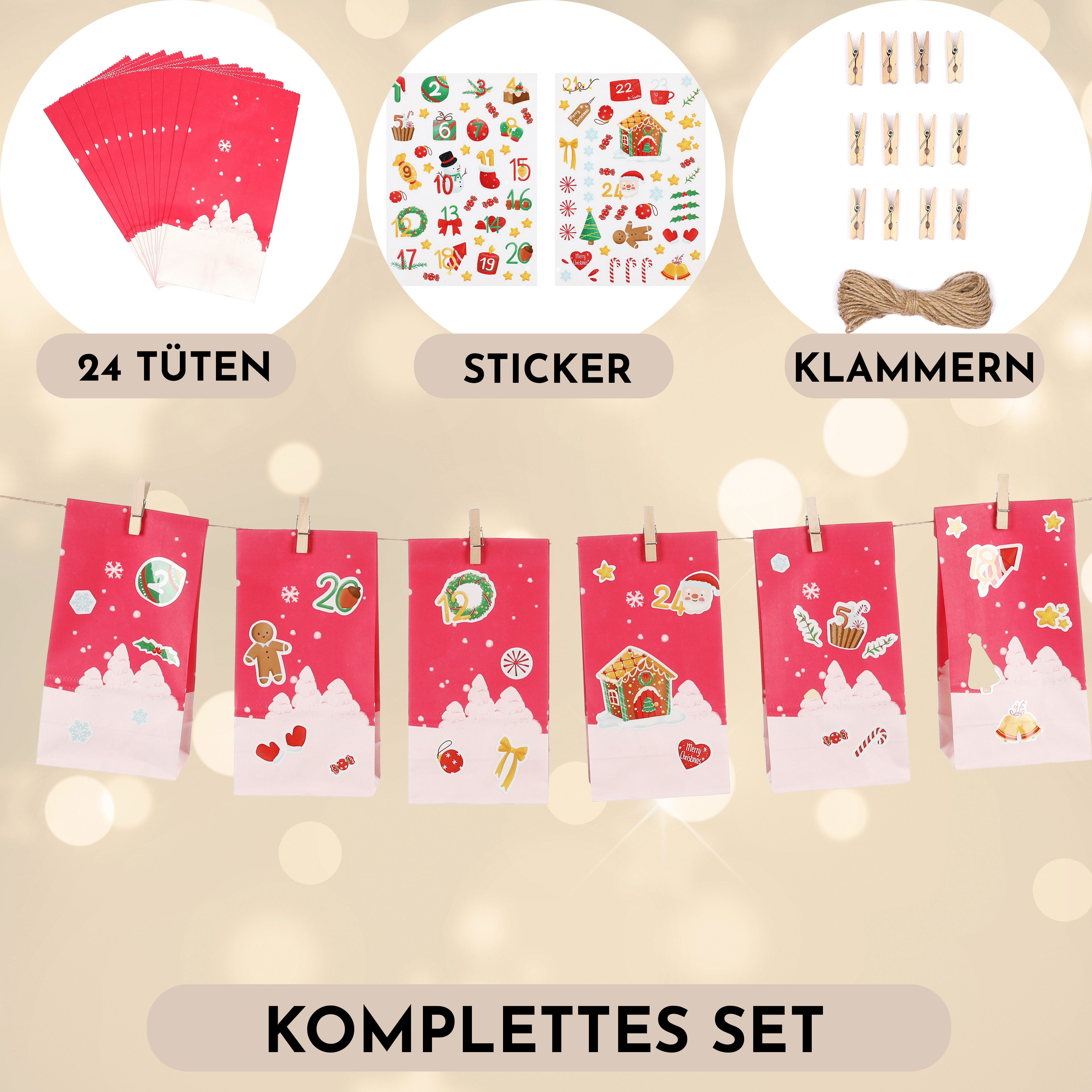 Nordstern befüllbarer Adventskalender 24 Papiertüten, Weihnachtsaufkleber, Juteschnur und Holz Klammern, Geschenktüten zum Basteln und Verschenken