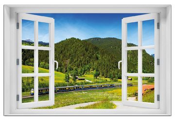 Wallario Wandfolie, Eisenbahn in einer Sommerlandschaft in der Schweiz, mit Fenster-Illusion, wasserresistent, geeignet für Bad und Dusche