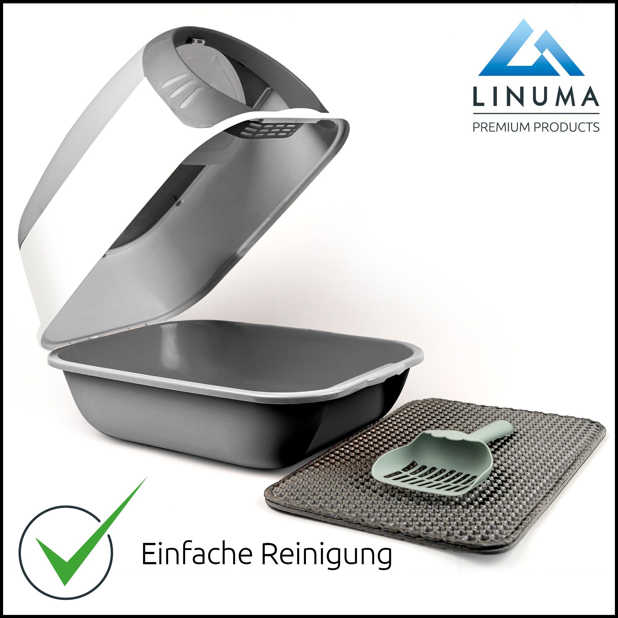 LINUMA Katzentoilette Katzenklo mit Deckel, Streumatte und Schaufel abnehmbar auch offen, Katzenklo auch offen nutzbar inkl. Katzenstreumatte und Schaufel