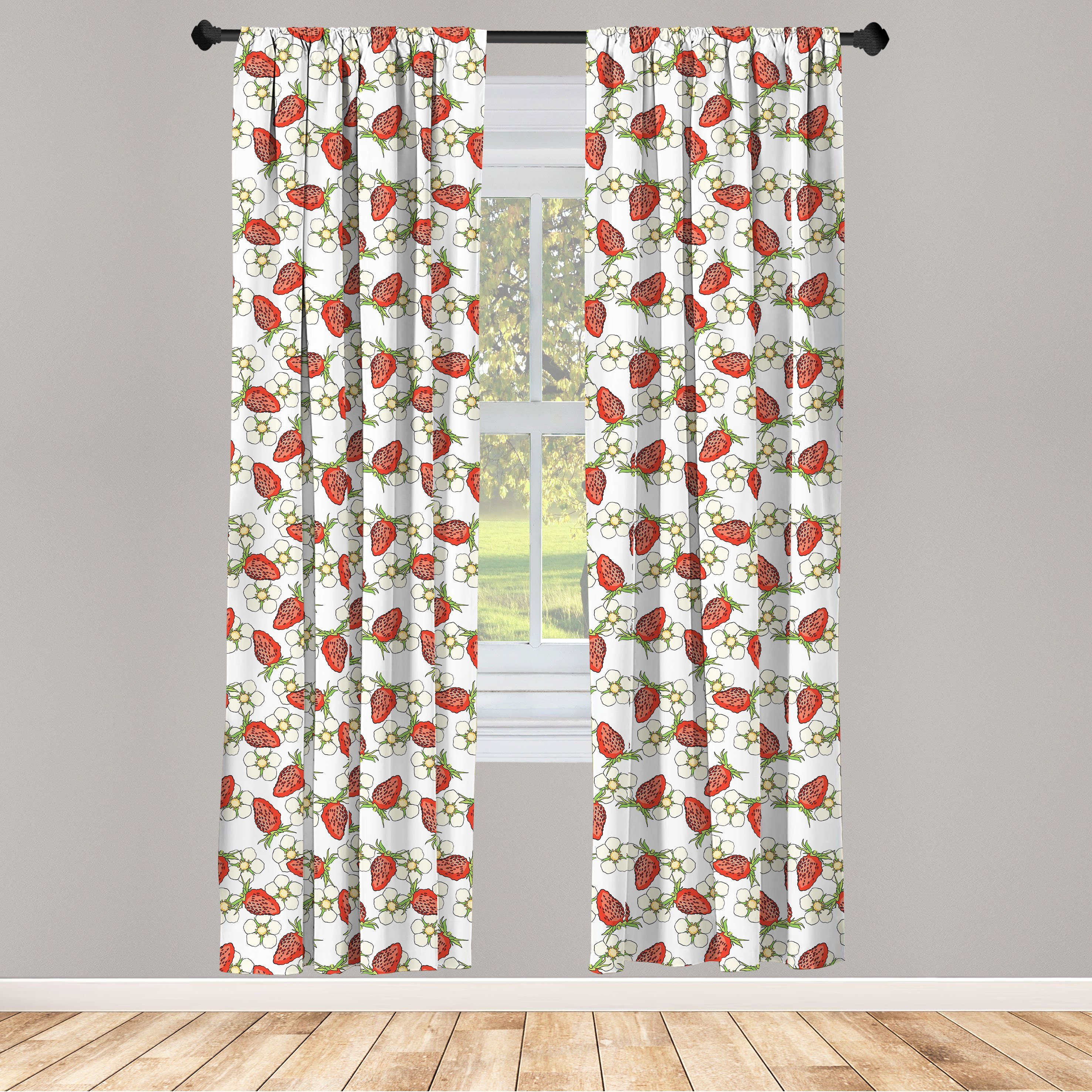 Gardine Vorhang für Wohnzimmer Blüten Abakuhaus, Berry Sommer Erdbeere Schlafzimmer Dekor, Microfaser