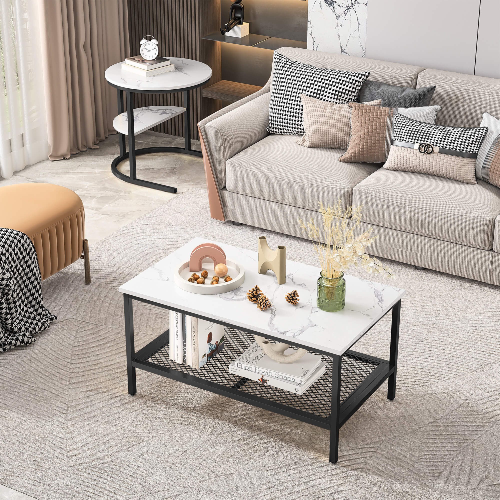 Furnishings Home Couchtisch 2er-Set Runde + Rechteck Beistelltische aus Holz & Metall (2-St., 2-St, 80x46x41 cm + 52x51 cm), Moderne Kaffeetische für Wohnzimmer – Bild 5 von 5