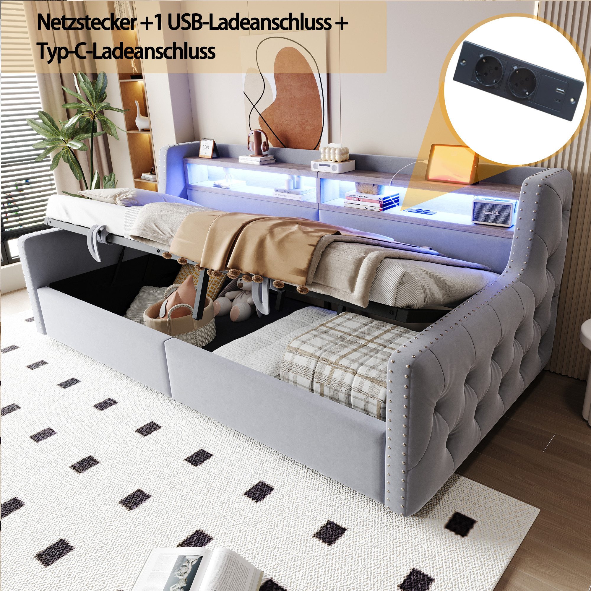 Celya Polsterbett Schlafsofa 90 x 200 cm, Mit hydraulischem Stauraum (ohne Matratze, Mit LED-Beleuchtung, Ablagefach, Steckdose und Ladeanschlus) – Bild 3 von 5