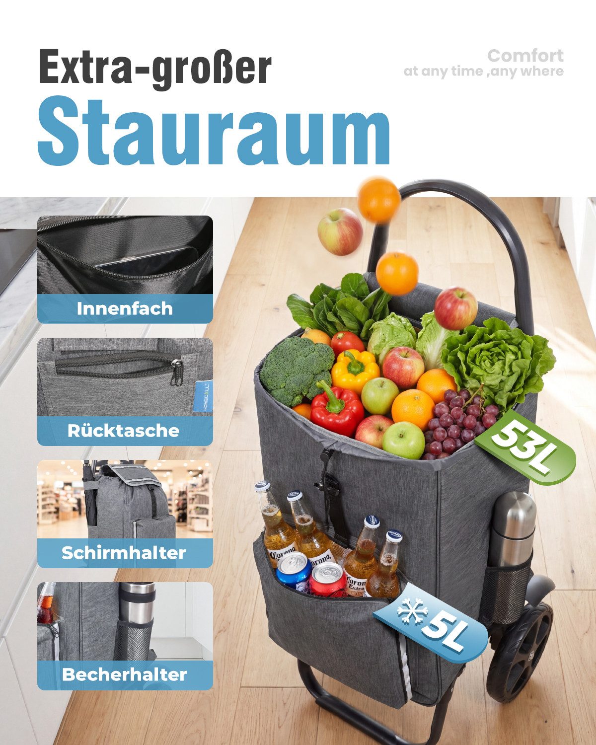 HOMECALL Einkaufstrolley klappbar Einkaufswagen 4-in-1 Utility Trolley Mit Kühltasche-58L, Shopping Trolley & Sackkarre für Supermarkt, Wochenmarkt, Reisen – Bild 5 von 5