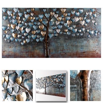 Home4Living Metallbild Wandbild Relief Unikat Bild 3D 140x70cm handgefertigt, Herzbaum, Blau, 3D-Effekt