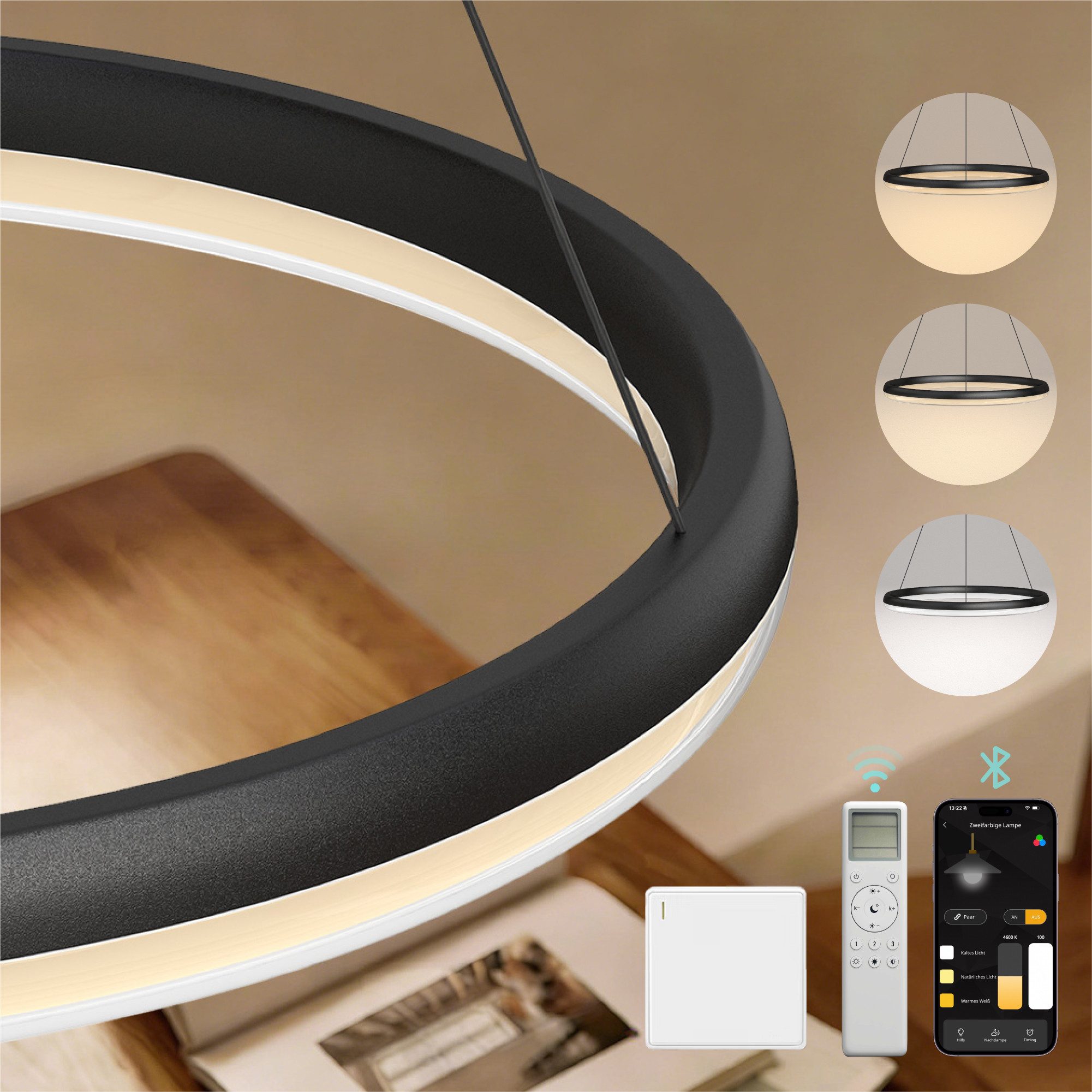 Mai & Mai Pendelleuchte Pendellampe LED-Hängelampe stufenlos dimmbar 3000K–6000K 20W Luvina05, LED-Pendelleuchte, Farbtemperatur von 3000K–6000K