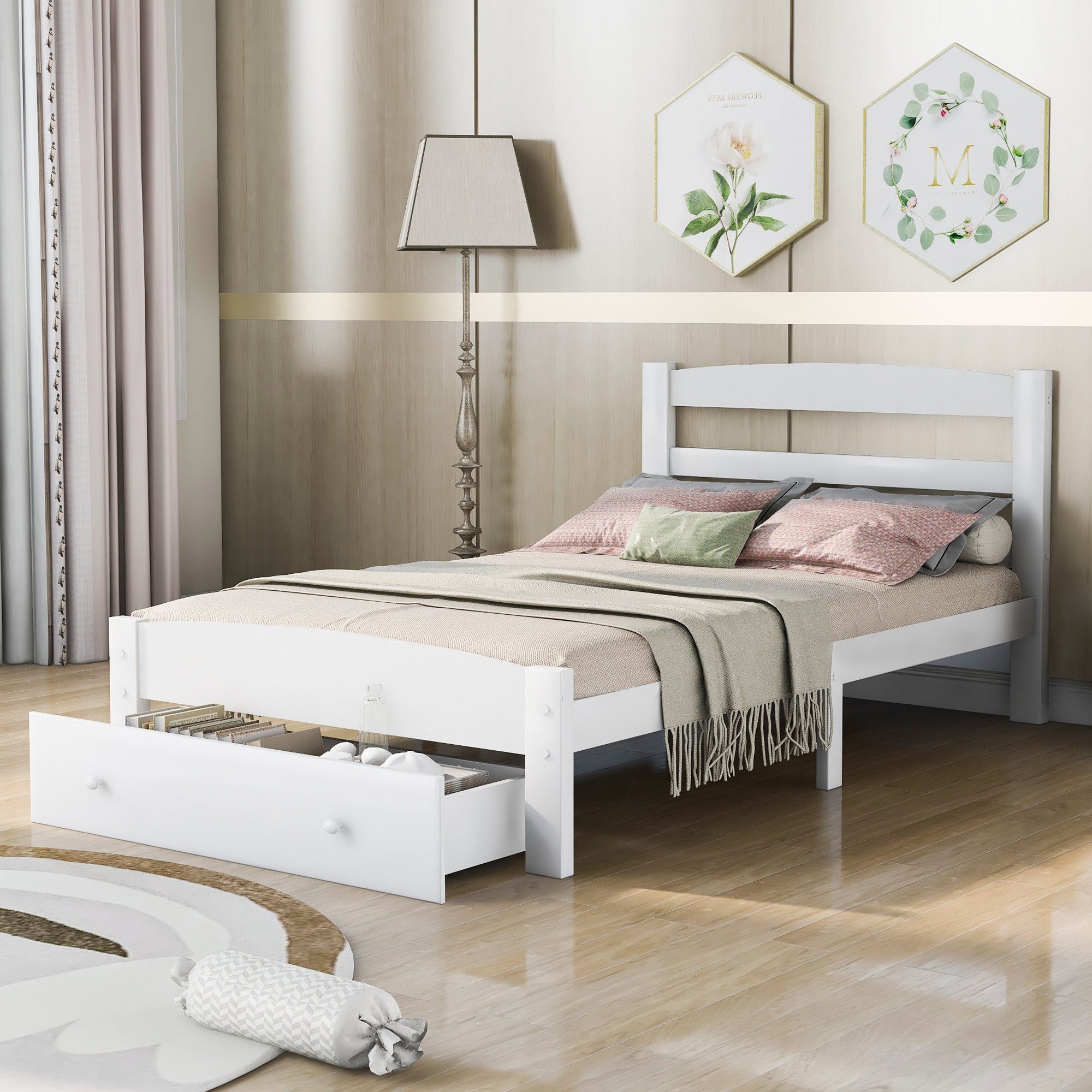 Kinderbett (1-tlg), Jugendbett 90x200 Funktionsbett aus Kiefernholz Weiß mit Schublade und Lattenrost
