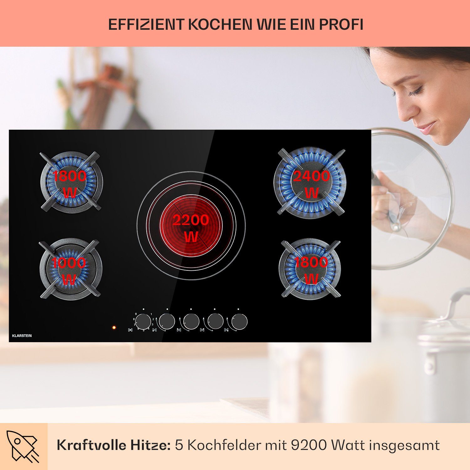 Klarstein Gas-Kochfeld CP11-MultiChef-5 CP11-MultiChef-5, 5 Kombi Gaskochfelder Multi 4 Kochfelder Brenner