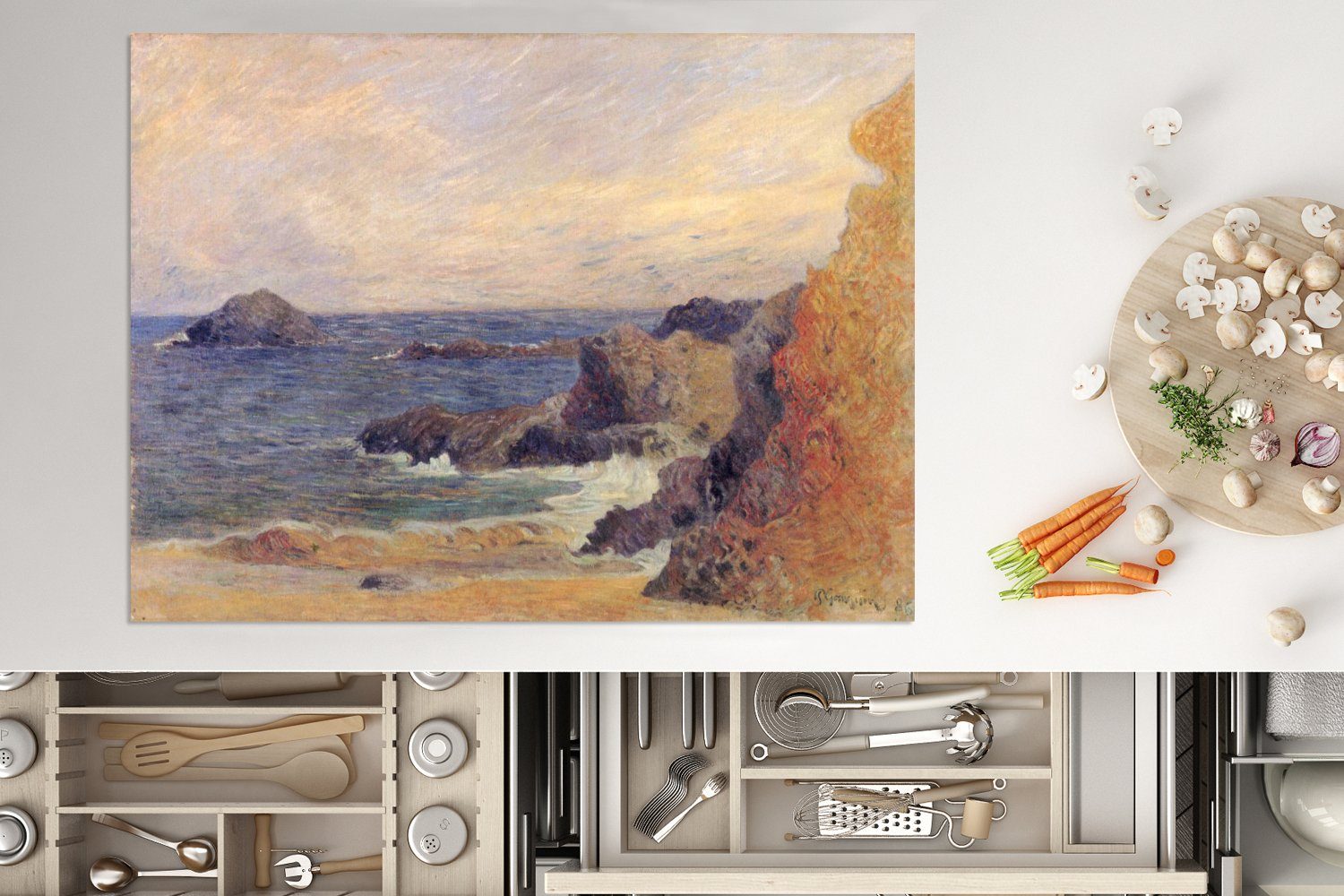 Vinyl, cm, Gemälde - Meer Arbeitsfläche Ceranfeldabdeckung Gauguin, 70x52 MuchoWow Herdblende-/Abdeckplatte tlg), nutzbar, am Mobile Paul (1 Felsen von