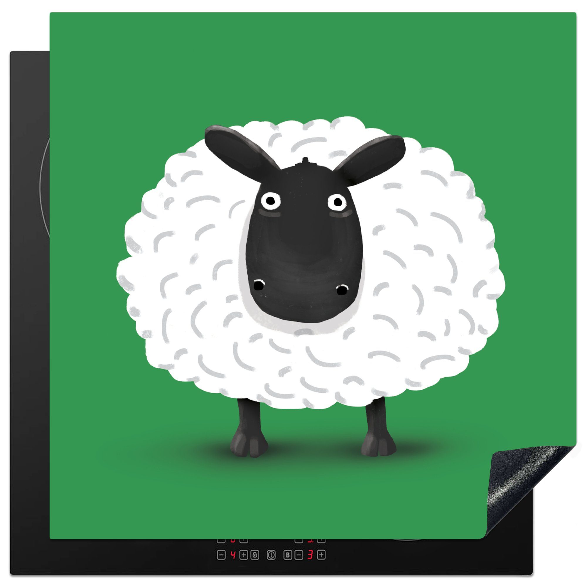 MuchoWow Herdblende-/Abdeckplatte Illustration eines Lamms auf grünem Hintergrund, Vinyl, (1 tlg), 78x78 cm, Ceranfeldabdeckung, Arbeitsplatte für küche