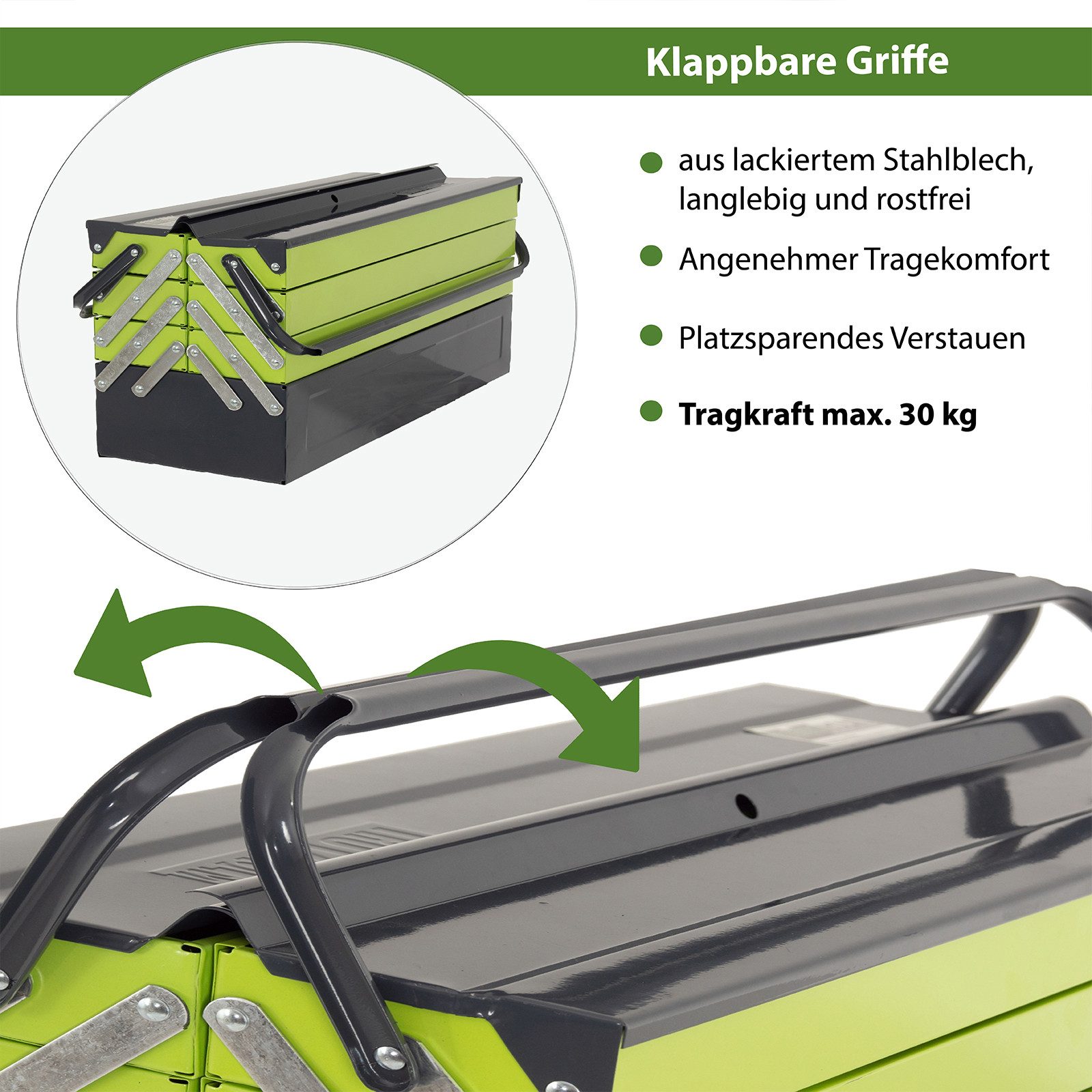 TRUTZHOLM Werkzeugkoffer Werkzeugkiste XXL 7 Fächer 53x20x27,5cm Stahl klappbarer Griff leer (einteilig) – Bild 5 von 5