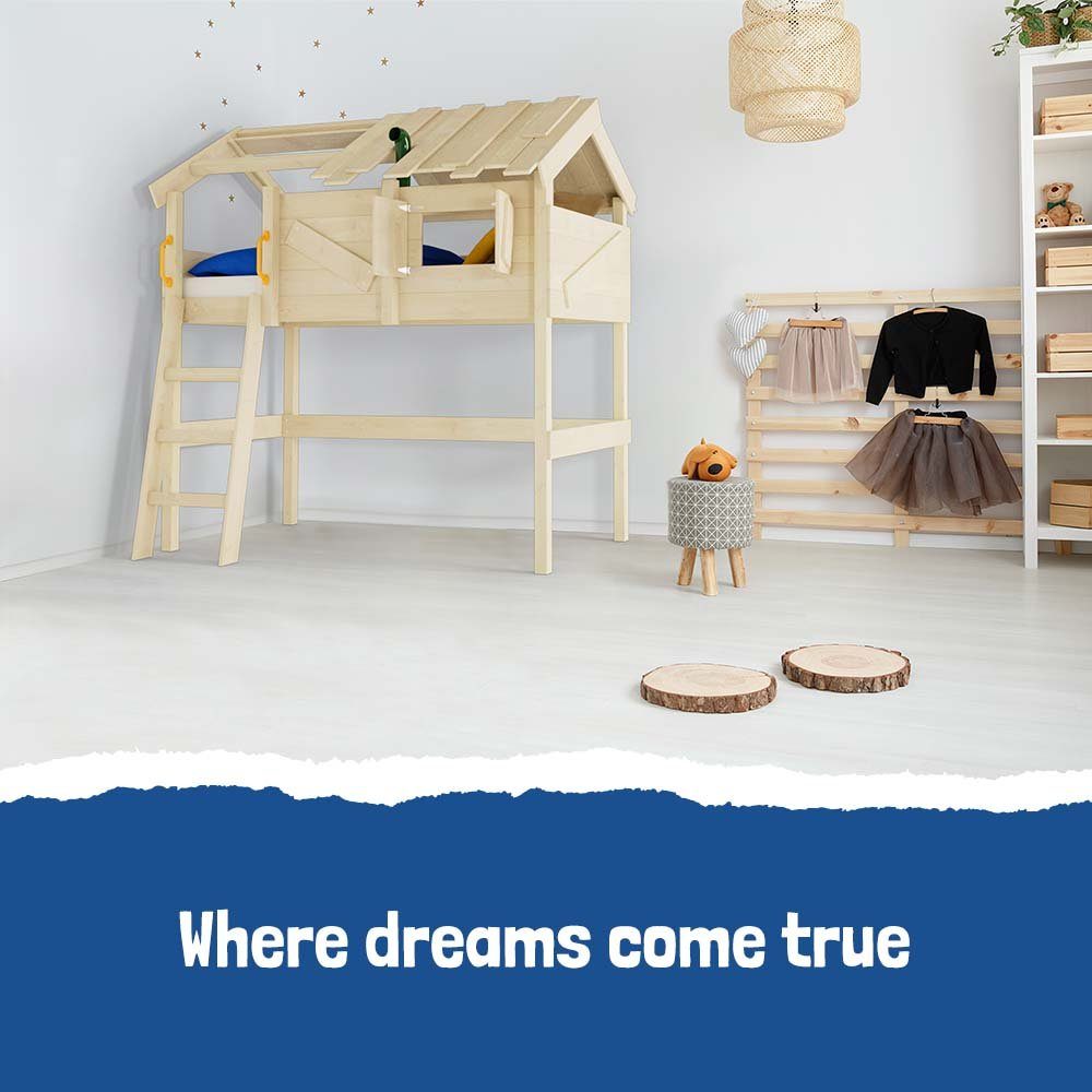 Wickey Kinderbett CrAzY Cove - Spielbett Spielbett und x 90 cm, Massivholzbett Etagenbett Pfosten aus Brettern, für (Holzpaket 200 Kinder)