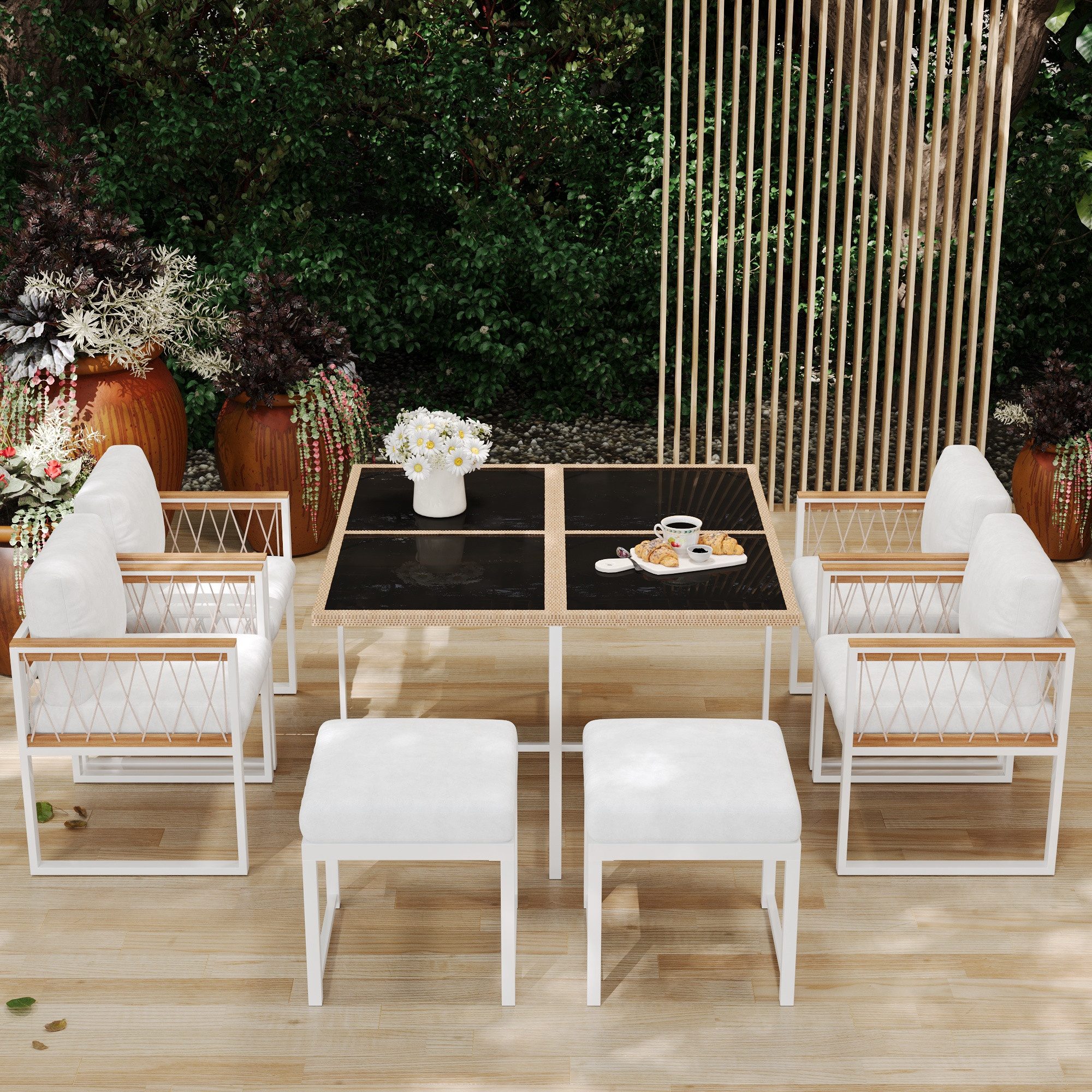 Merax Sitzgruppe aus Akazienholz und Polyratten, (7-tlg., Gartengarnitur Gartenlounge Balkonmöbel), Gartenmöbel-Set für 6 Personen, Essgruppe mit Sessel, Hocker & Tisch