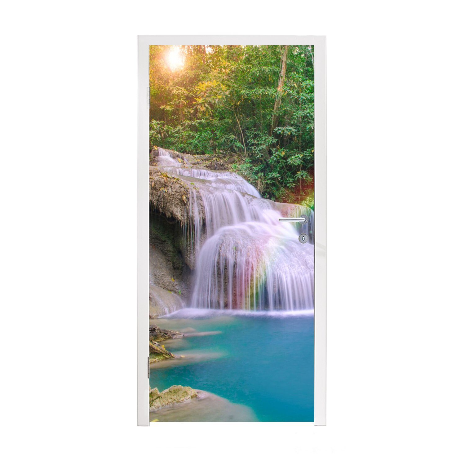 MuchoWow Türtapete Regenbogen - Sonne - Wasserfall - Natur, Matt, bedruckt, (1 St), Fototapete für Tür, Türaufkleber, 75x205 cm