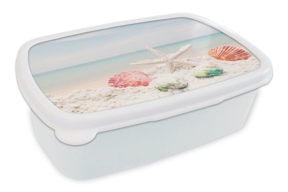 MuchoWow Lunchbox Seesterne - Muscheln - Meer, Kunststoff, (2-tlg), Brotbox für Kinder und Erwachsene, Brotdose, für Jungs und Mädchen weiß