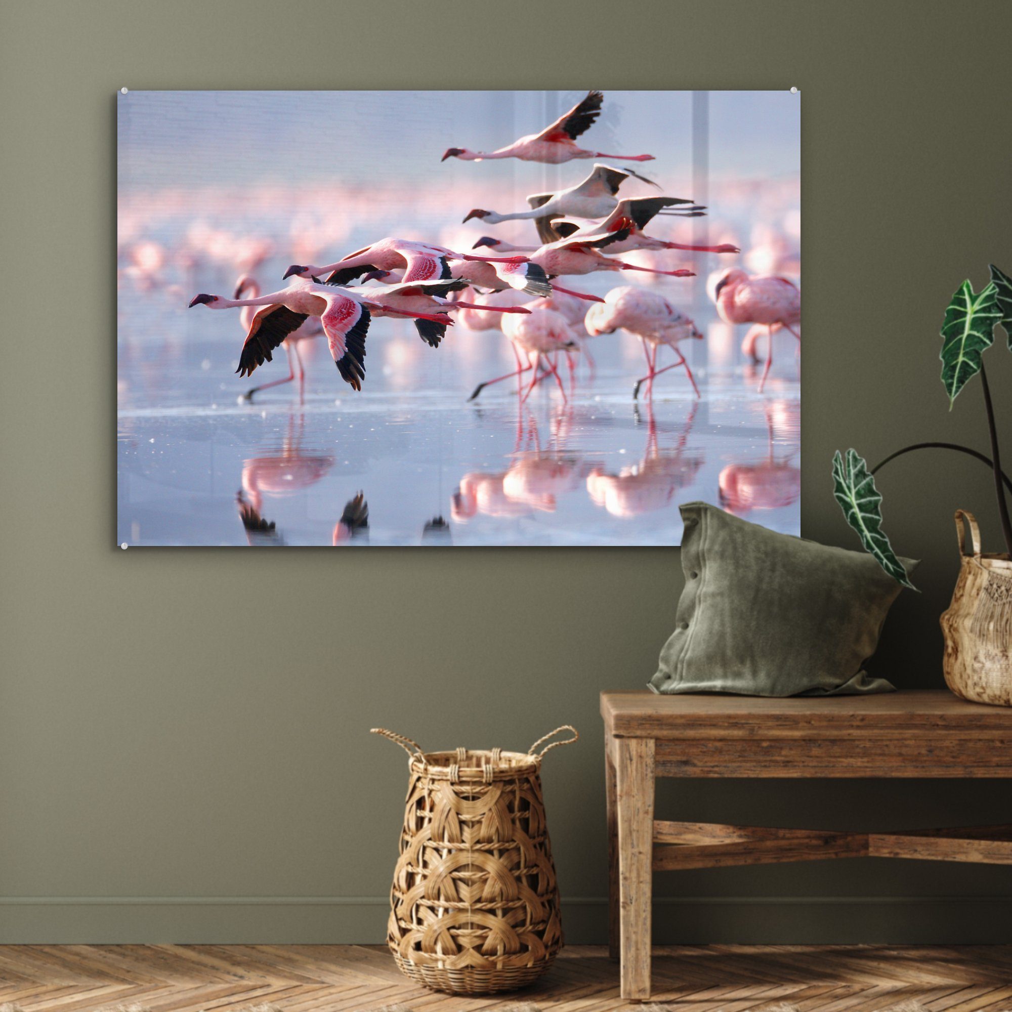Flamingos Schlafzimmer Rosa (1 Wasser, Acrylglasbild MuchoWow Acrylglasbilder dem St), Wohnzimmer & auf