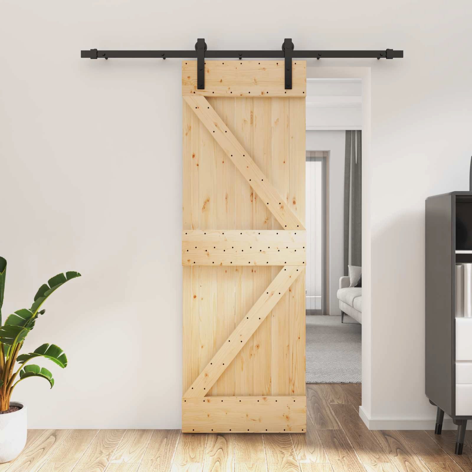 furnicato Schiebetür Massivholz 70 x 210 cm Natur und Schwarz, Platzsparende Schiebetür mit Stahl-Schiene für den Innenbereich