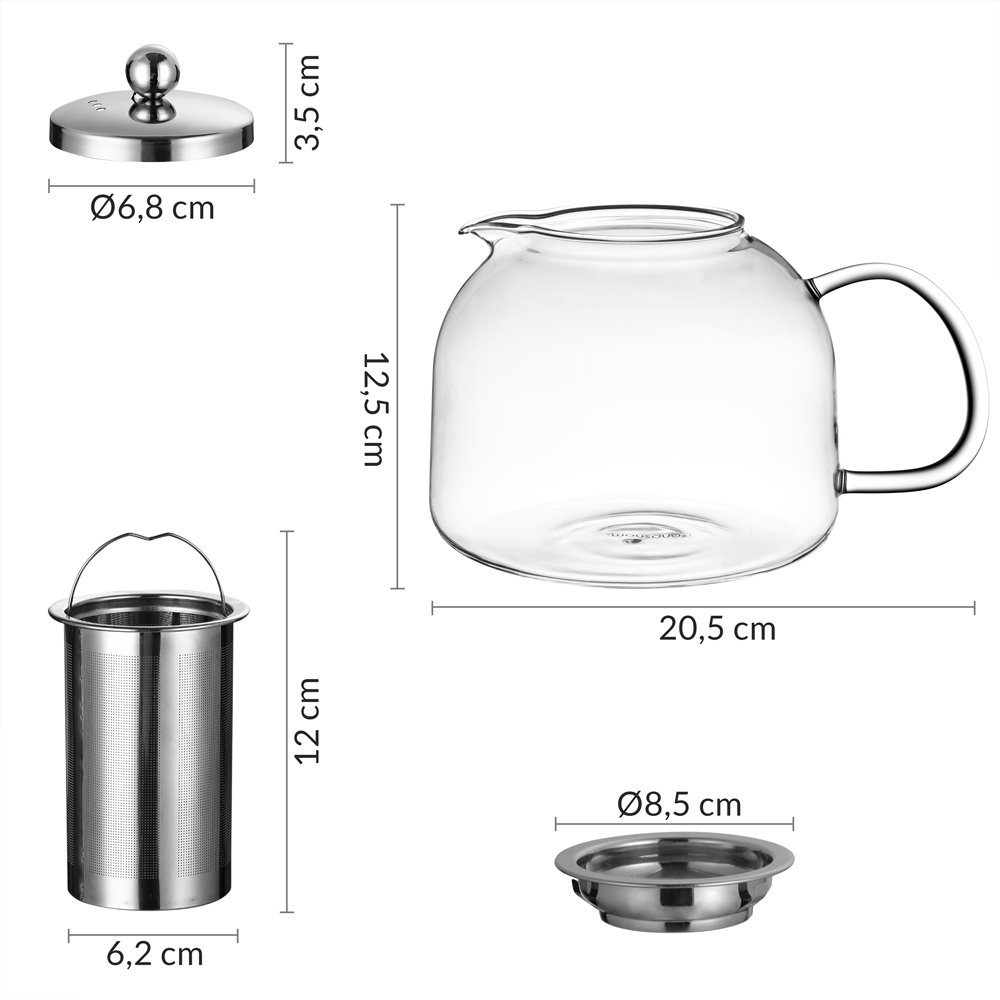 Glaskanne L Edelstahl mit Siebeinsatz Glas Sieb 1,5 monzana Teebereiter Teekanne,