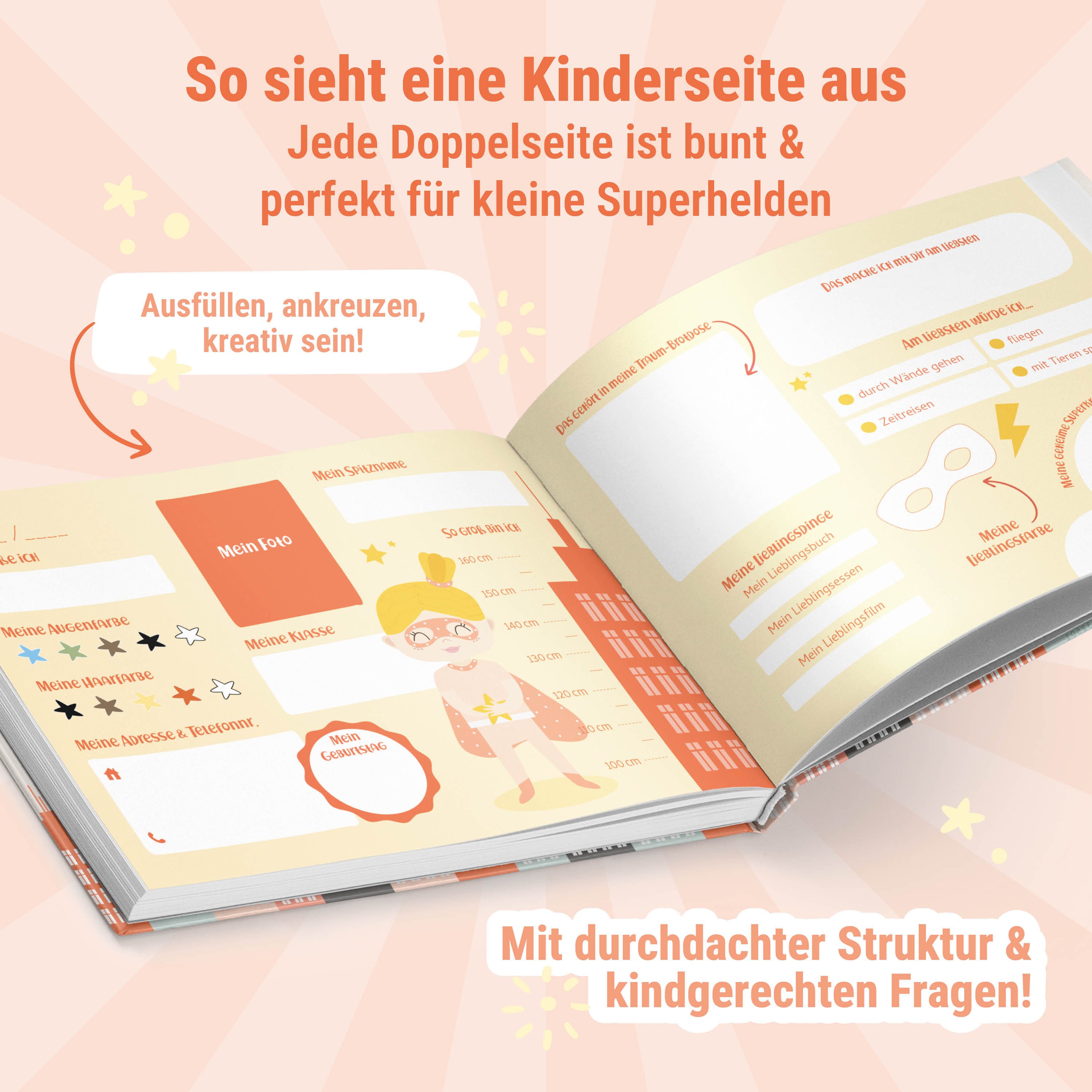 Amari Freundebuch Schulfreunde Superhelden, Grundschule Hardcover, Platz für 24 Freunde, Geschenk zur Einschulung für Jungen & Mädchen ab 6, Schultüte – Bild 4 von 5