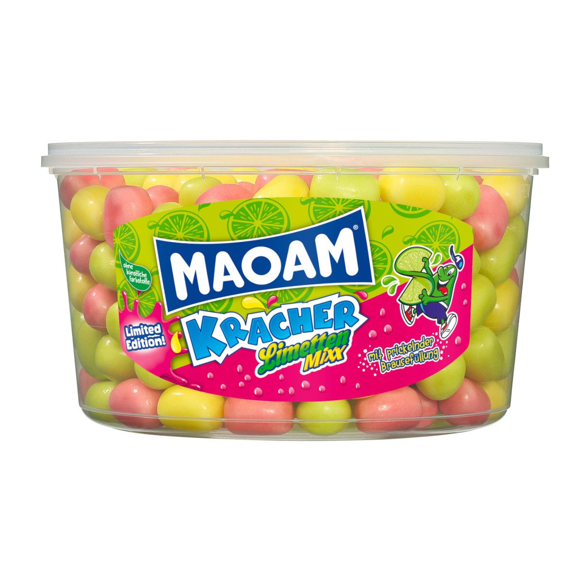 MAOAM Süßigkeit, Maoam Kracher Limetten Mixx 265 Stück zitronige Kaubonbons Dose 1200g