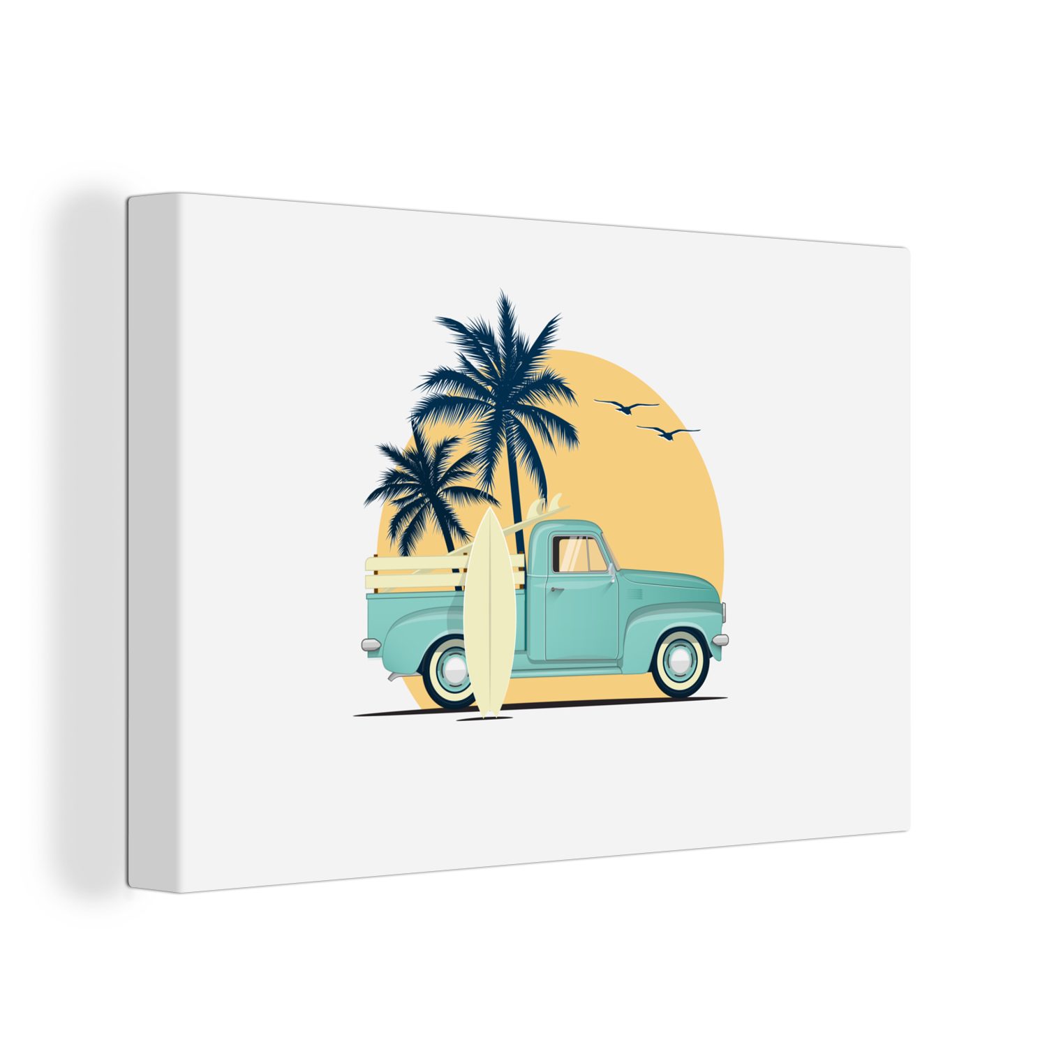 OneMillionCanvasses® Leinwandbild Wandbild Auto Leinwandbilder, (1 - Surfen Aufhängefertig, Wanddeko, 30x20 - St), Palme Zeichnung, cm -