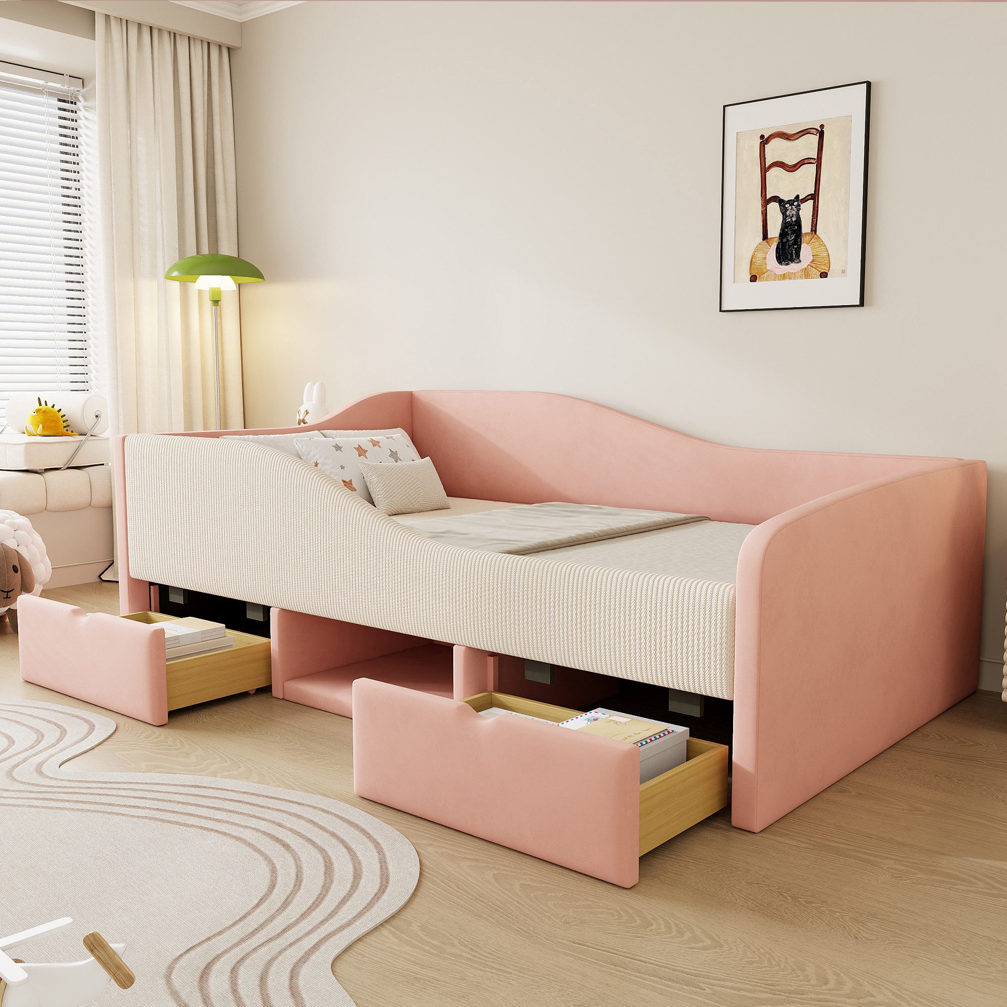 Merax Daybett (Schlafsofa Sofabett Jugendbett Einzelbett, 1 tlg), Polsterbett 90x190cm mit 2 Schubladen & Schutzgeländer,Kinderbett Samt