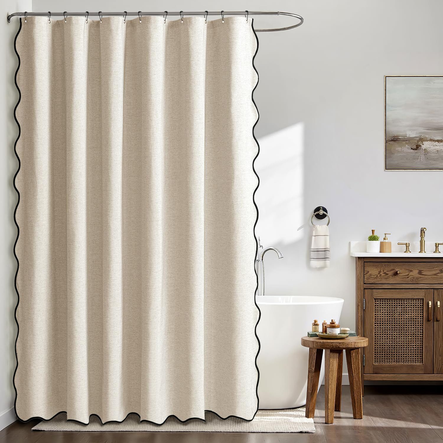 FOUORTUNATE-BEE Duschvorhang Duschvorhang Beige mit gewelltem Muster und schwarzem Rand Breite 120 cm (wasserdicht, schimmelresistent, waschbar)