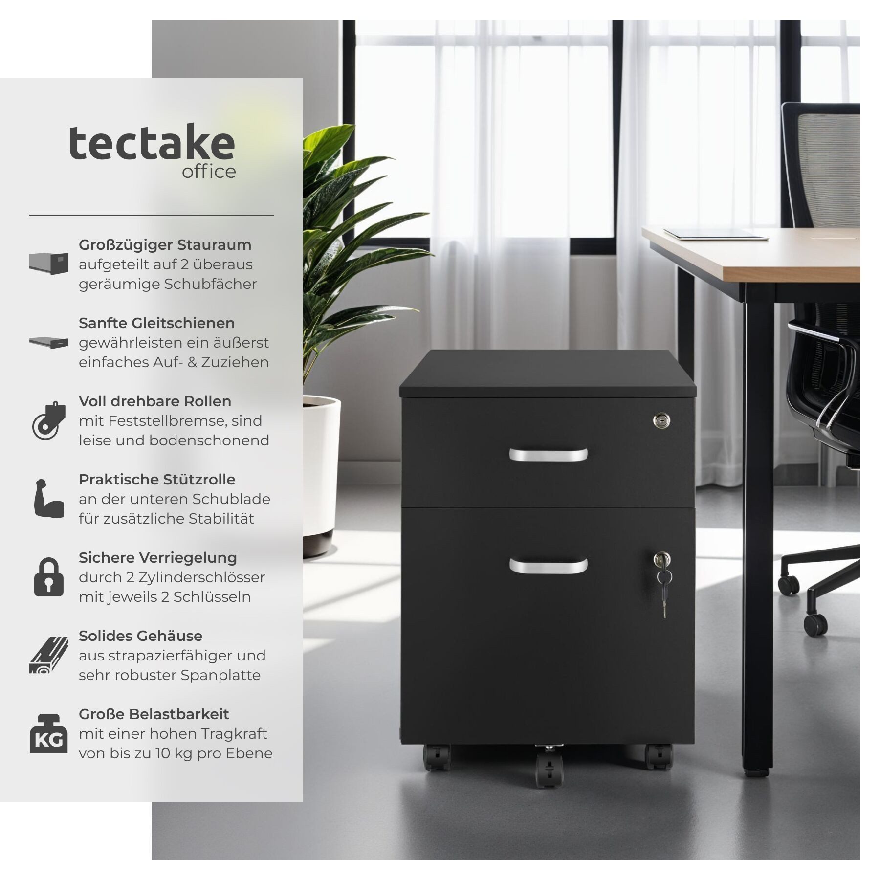 tectake Rollcontainer Rollschrank Vagur, 2 abschließbare Schubladen, mit 2 günstig online kaufen