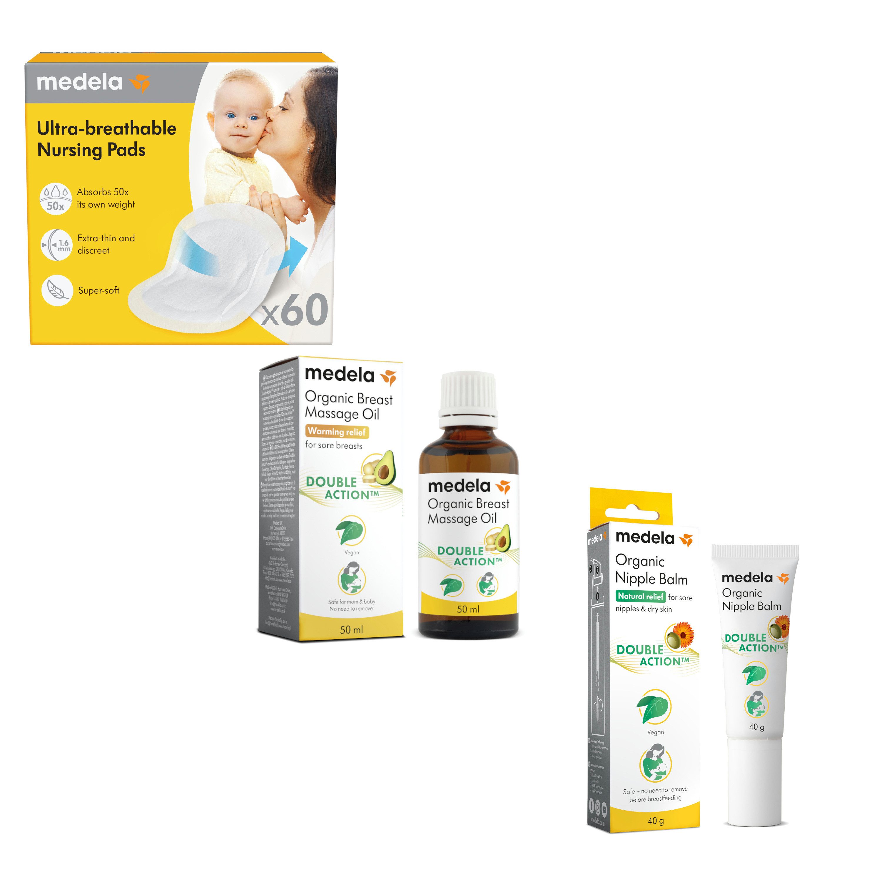 MEDELA Hautpflege-Set Organic Set Balsam - Öl - Stilleinlagen Vegan Bio natürliche Linderung Set, 3-tlg.