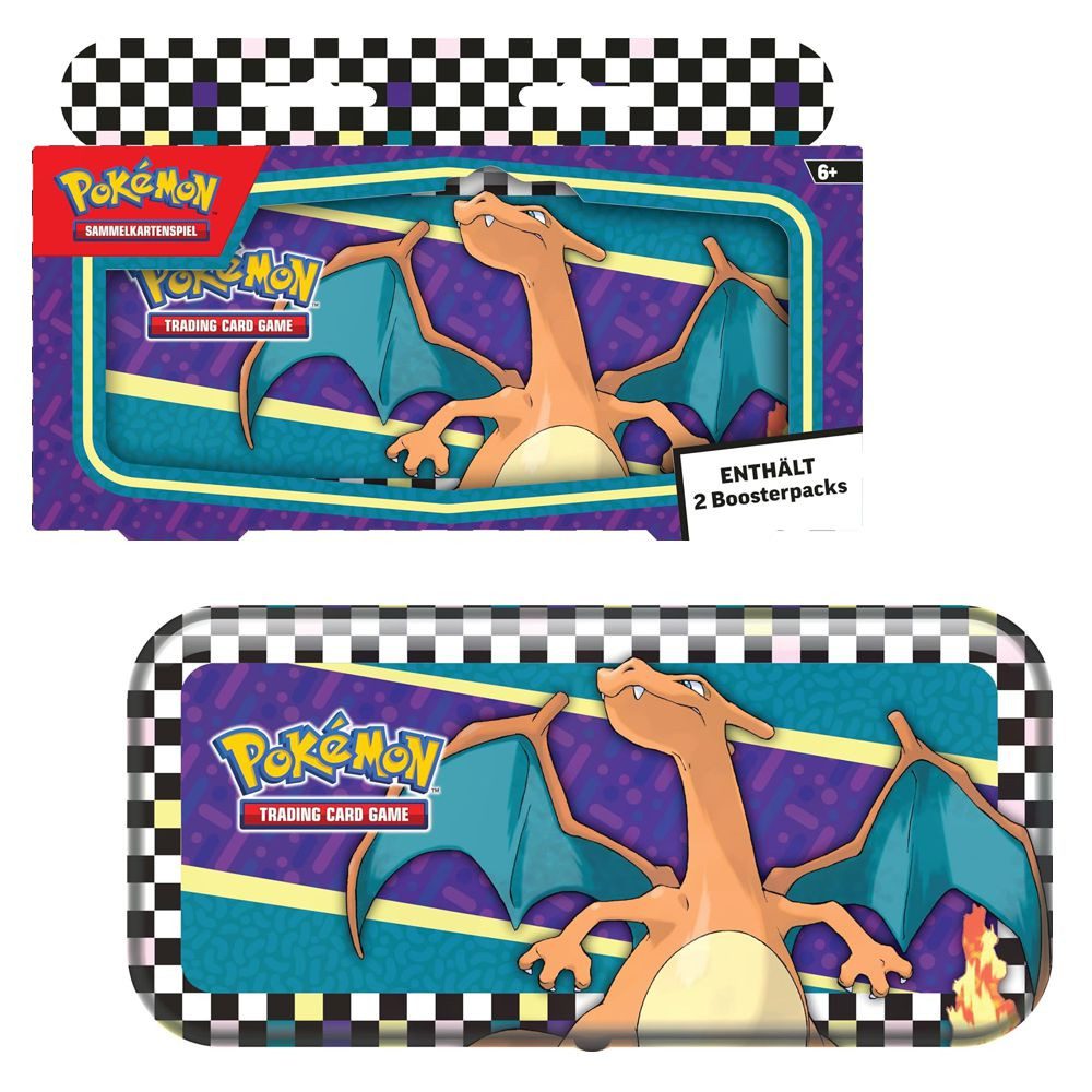 POKÉMON Sammelkarte Metall Stifte-Etui Glurak & 2 Booster-Packs Pokemon Karten deutsch