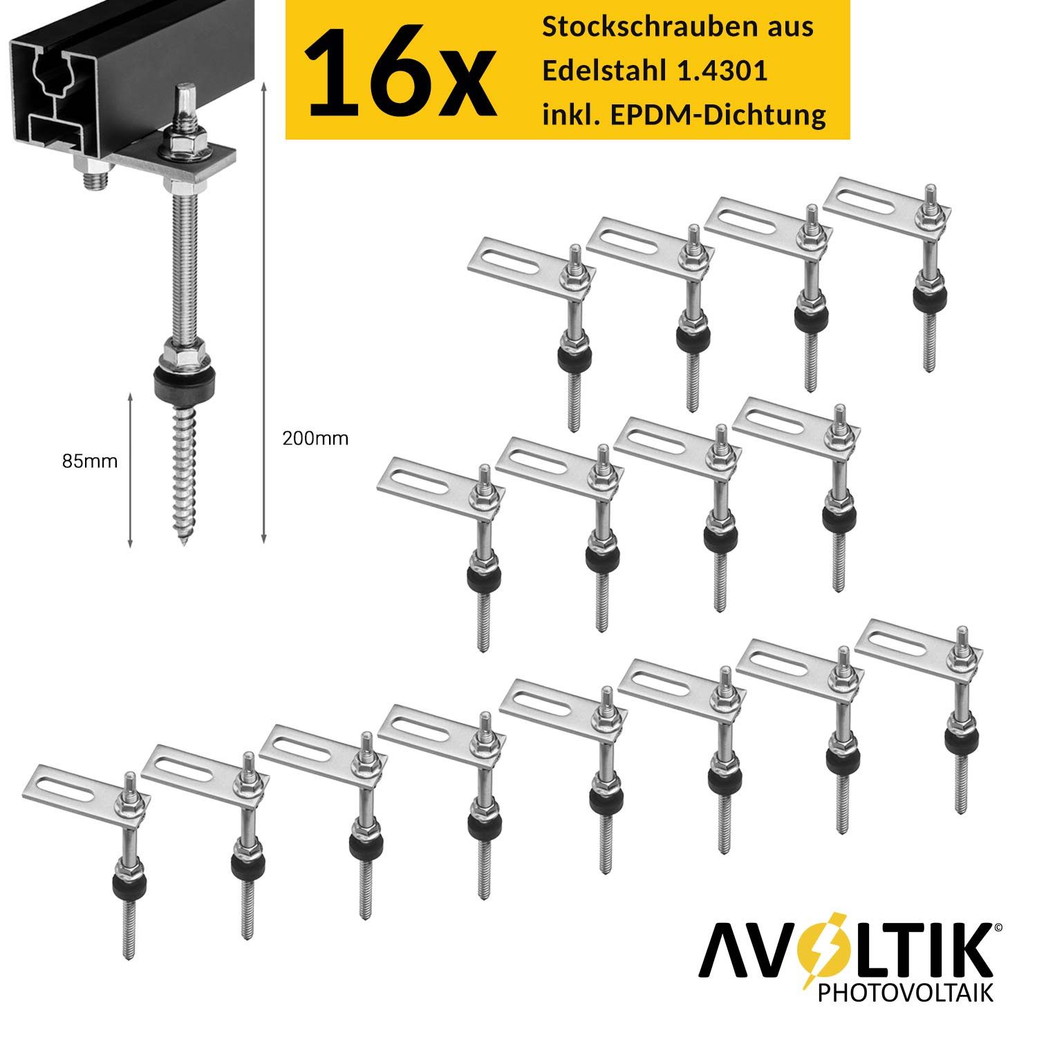 avoltik Solarmodul-Halterung PV Halterung Blechdach Montageset für 4 Module, (Montage-Set, Set für 4 Module, 200 mm Stockschrauben mit EPDM-Dichtung, Robust, Witterungsbeständig)