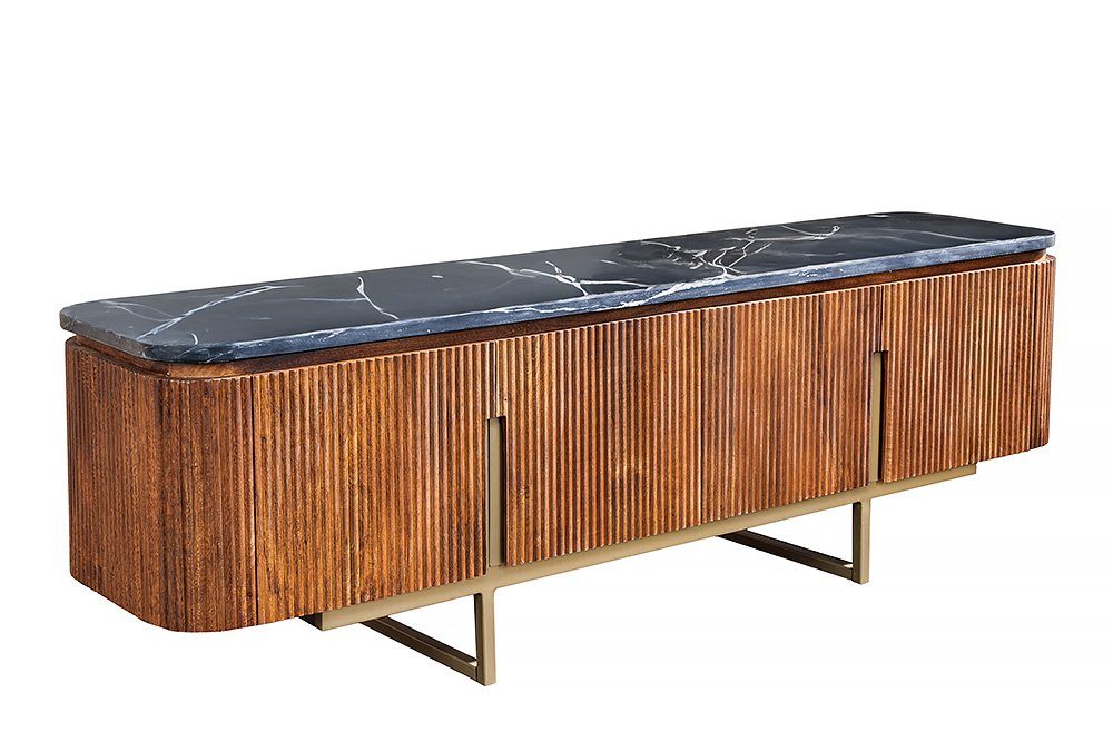 riess-ambiente TV-Bank GATSBY 160cm braun/grau/gold - Mango-Massivholz, Marmor, Metallgestell (Einzelartikel, 1 St), Retro-Sideboard mit abgerundeten Ecken - ideal für Wohn- und Esszimmer