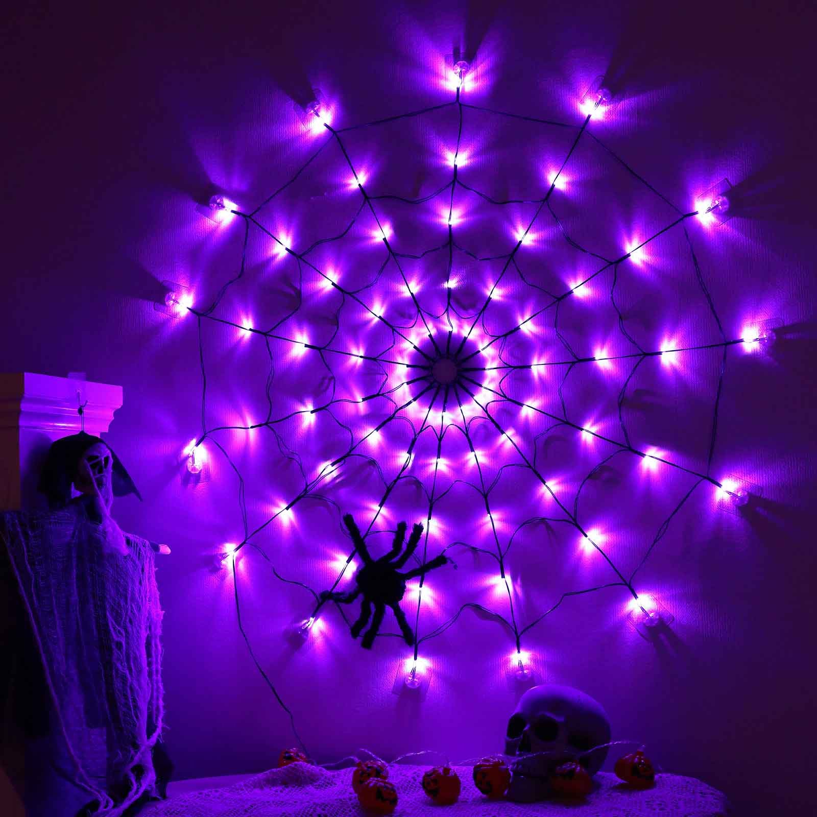 Lapamax LED-Lichterkette Halloween Spinnennetz-Lichterkette, 70 LEDs, 1 m, 8 Lichtmodi, lila, Batteriebetrieb, Fernbedienung, für Horror Außen Party Garten Deko