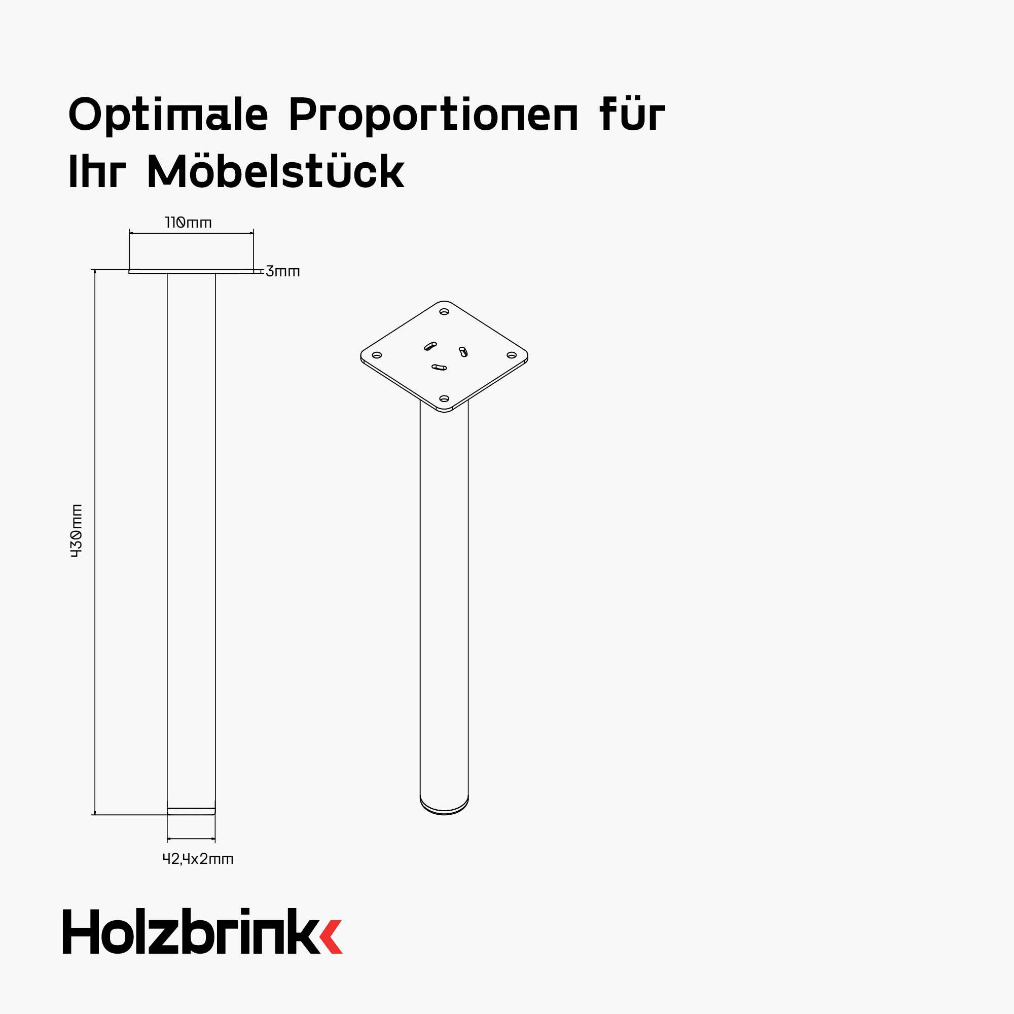HOLZBRINK Tischbein Tischbeine 43 cm Metall Blaugrau 4 Stk. Ø42,4 mm, Möbelfüße für Couchtisch, Nachttisch, Bank, TV-Tisch