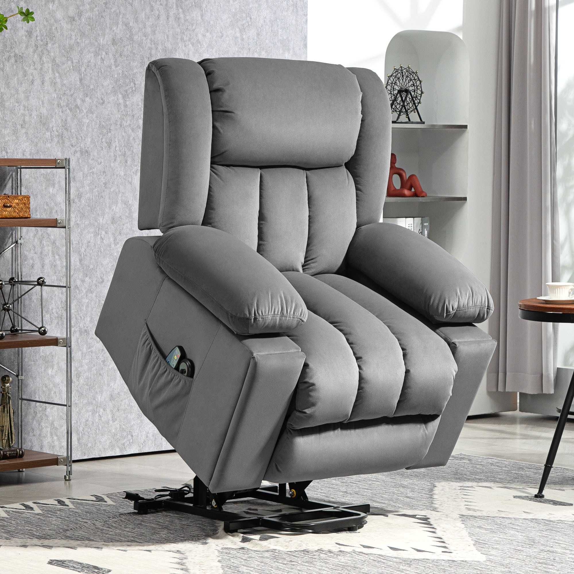 HOMCOM Massagesessel Elektrisch Relaxsessel mit Liege-, Wärme-, Massagefunktion (Fernsehsessel mit Aufstehhilfe, 1-St., TV-Sessel), mit Becherhalter, Stautraum, USB-Anschlüssen und Fernbedienung