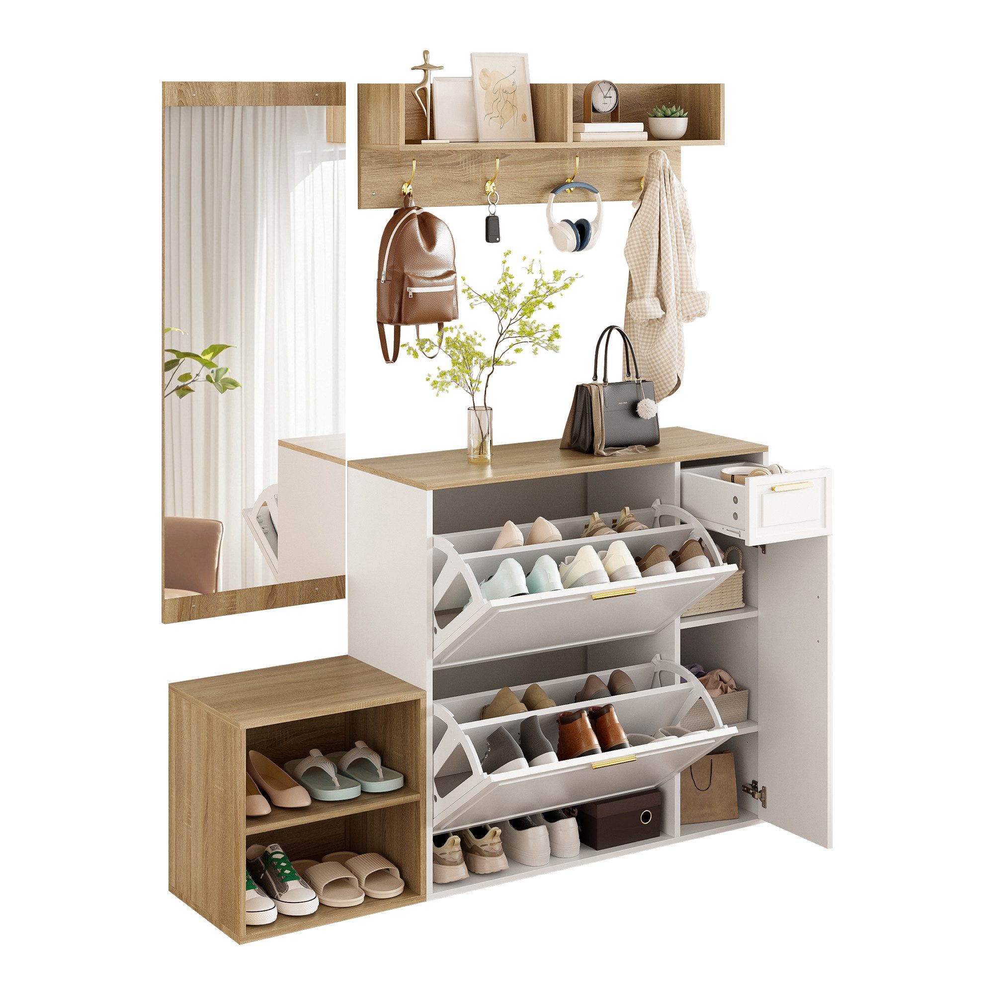 Refined Living Garderoben-Set Garderoben-Set 4-teilig mit Schuhschrank, Bank & Spiegel, (Flurmöbel, Weiß-Holz, B139.5 x T35 x H166 cm, 1-St., Flurmöbel Set, Schmale Garderobe, Verstellbare Einlegeböden), Platzsparend – nur 30 cm tief, Mit Kippsicherung, kleine Flure
