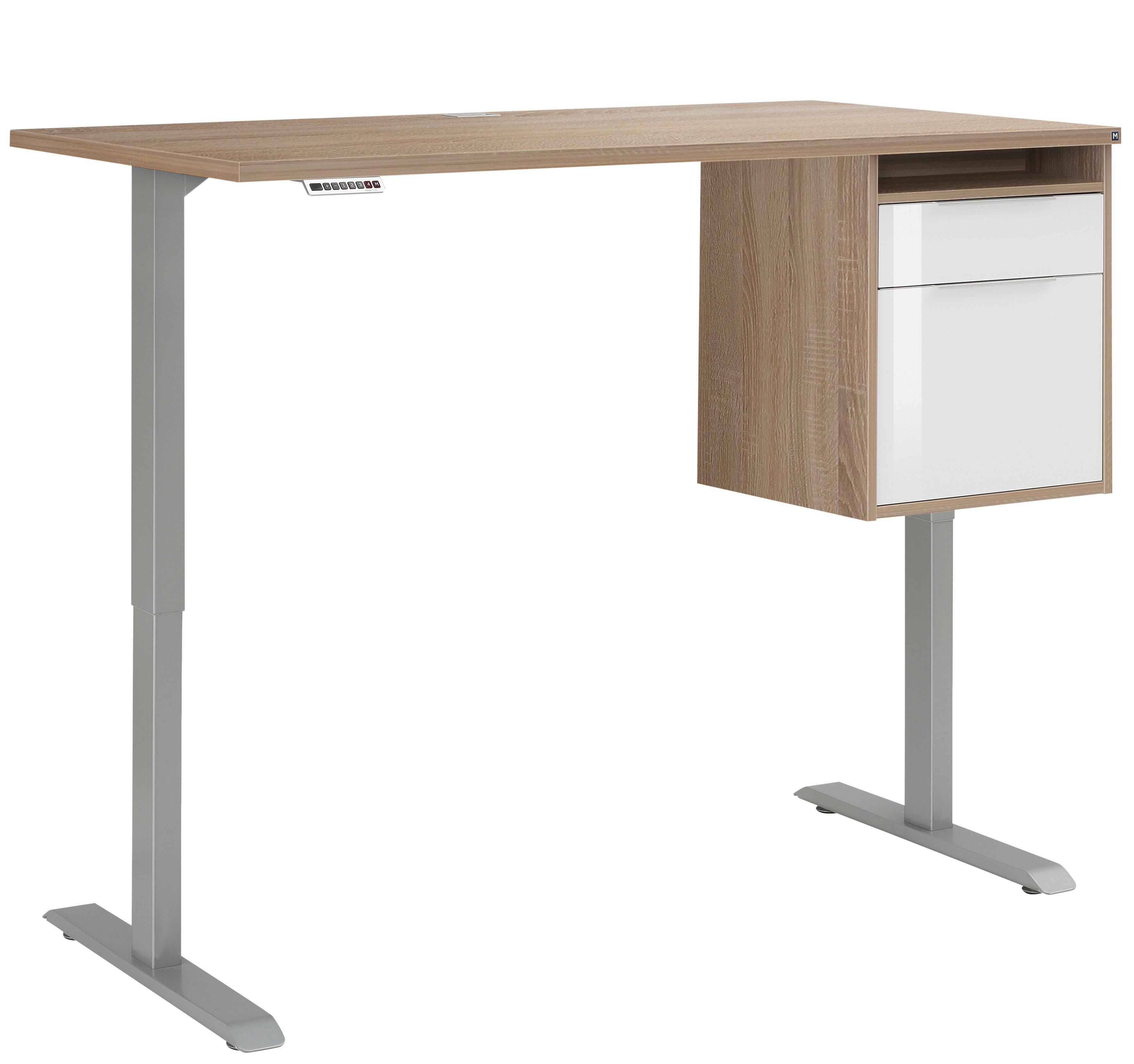 Maja Möbel Schreibtisch Schreibtisch mit Hängecontainer Platingrau, Eiche Sonoma und Weiß (Spar-Set, 1-St., 1 Tisch mit Hängecontainer), Elektrisch höhenverstellbar, mitfahrender Hängecontainer