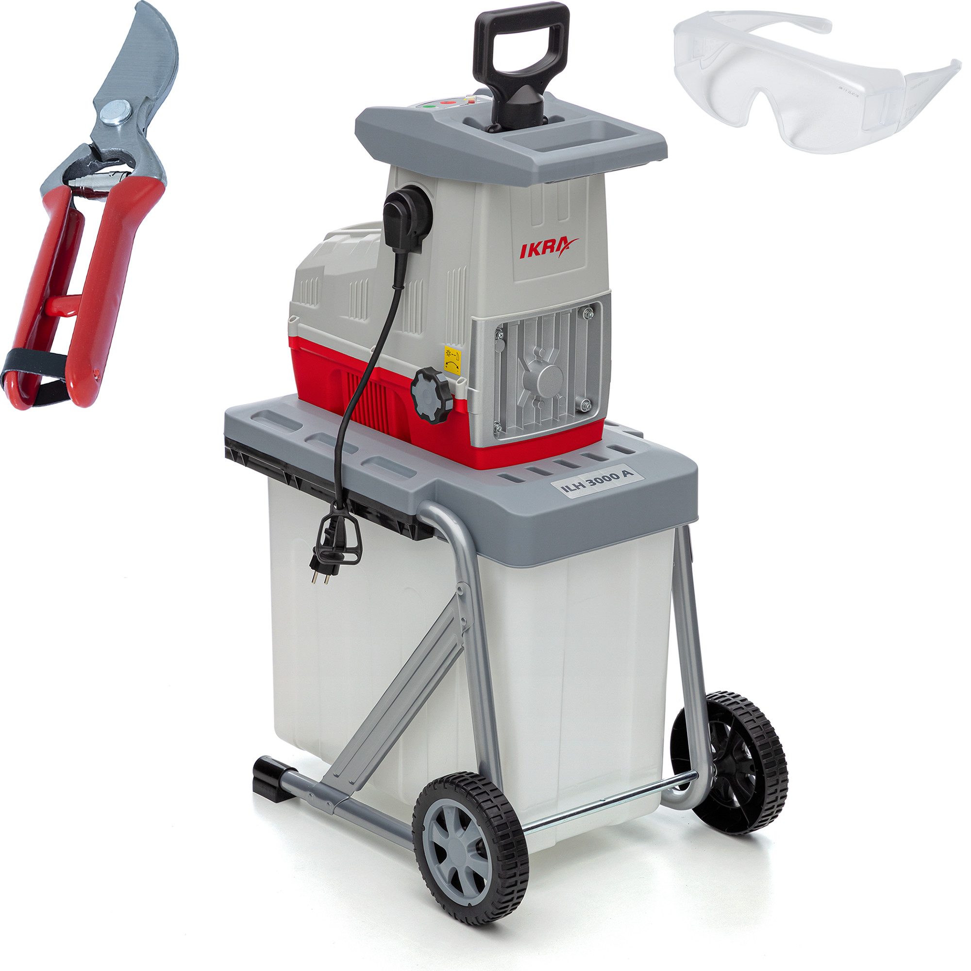 ikra GmbH Häcksler ILH 3000 A, 4,4 cm max. Astdurchmesser, (inkl. Stopfer, Fangkorb, Gartenschere & Schutzbrille), 3000 Watt, leiser Lauf, mit Rücklauffunktion