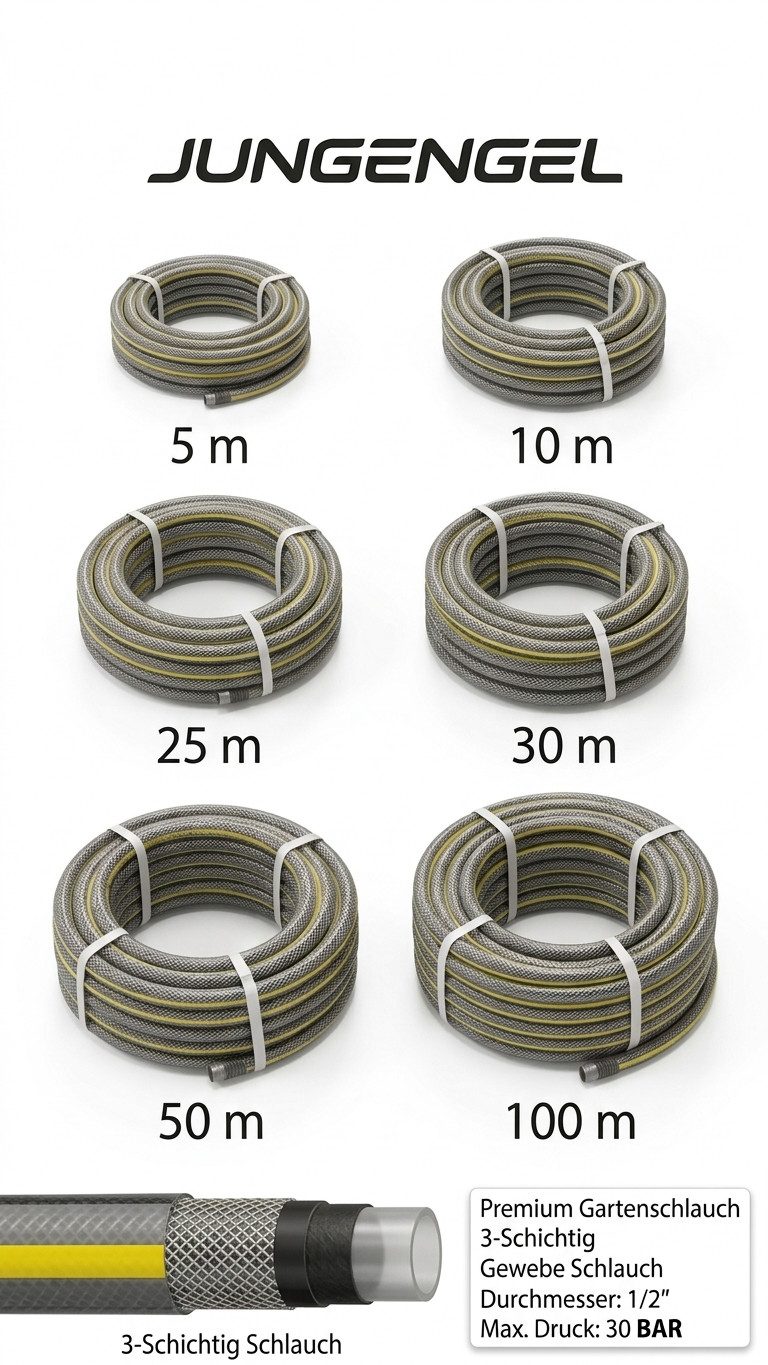 Jungengel Gartenschlauch Premium 1/2 Zoll 30 Bar 3-Schicht UV-beständig flexibel Wasserschlauch, Hohe Druckbeständigkeit bis 30 Bar, verstärktes Kreuzgewebe für – Bild 2 von 5