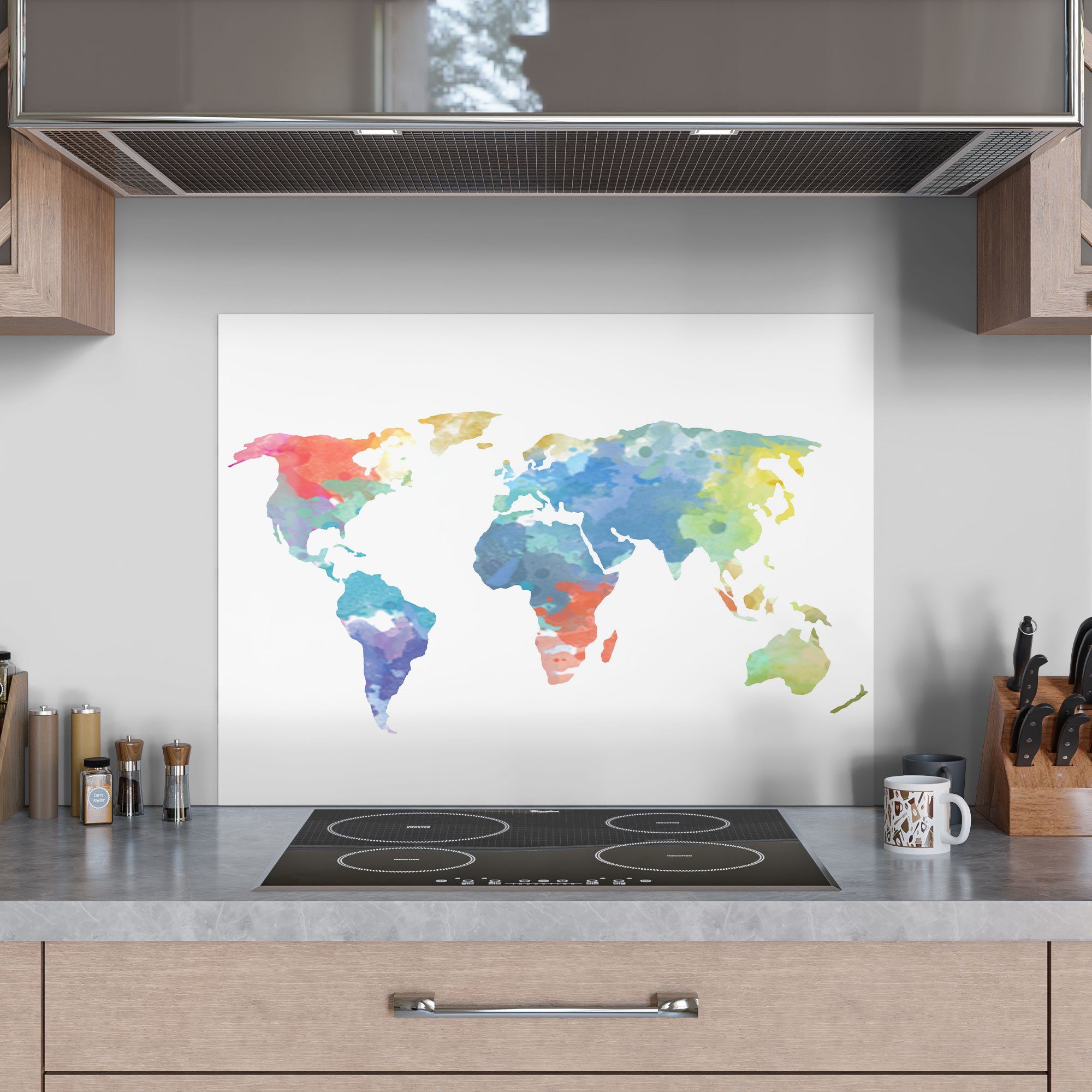 Badrückwand Glas Spritzschutz Wasserfarben', Küchenrückwand 'Die in Herdblende Welt DEQORI