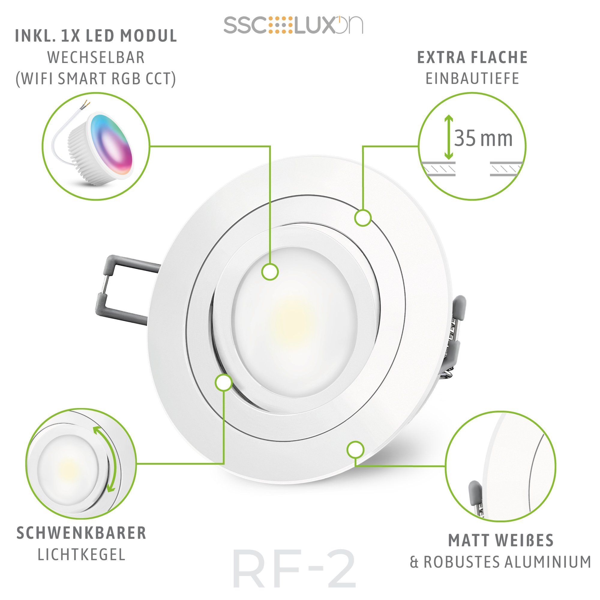 RGB WLAN Modul LED LED mit schwenkbar Einbaustrahler SSC-LUXon RF-2 & flach RGB 5W, Einbaustrahler