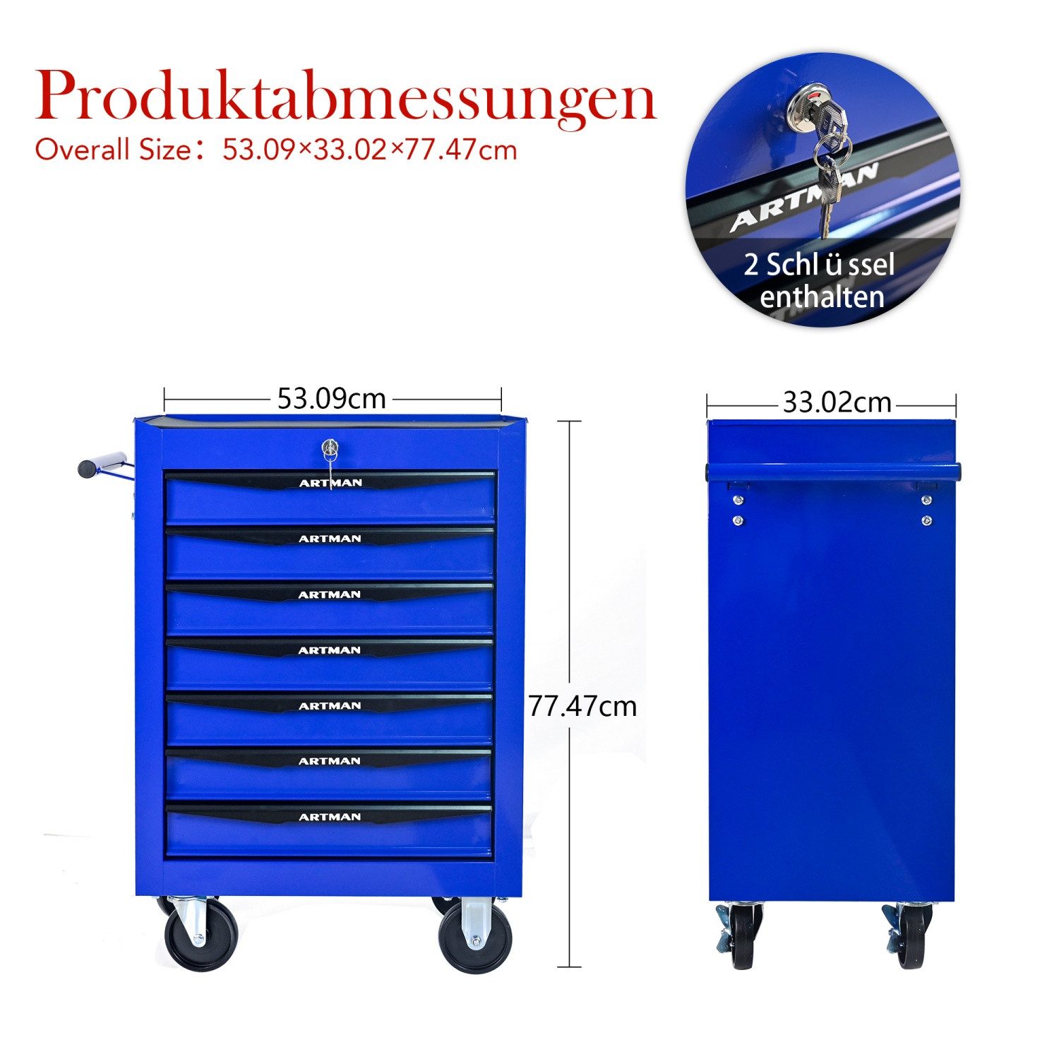 ANYSUN Werkzeugwagen Werkzeugkasten,Werkstattwagen Rollwagen zur Werkzeugaufbewahrung, Blau, max. Traglast:105 kg, (mit chubladen, Abschließbar,Profi Werkstatt-Wagen), Massives Metall,Mobiler Werkzeug-Wagen ohne Werkzeug