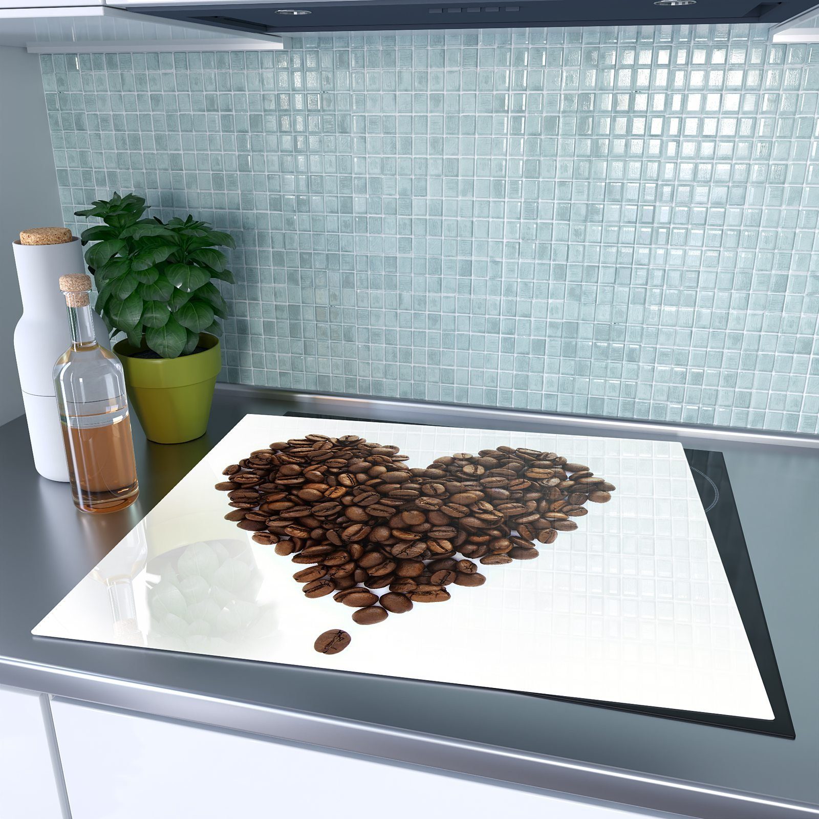 Kaffeebohnen, Herd-Abdeckplatte tlg) Herdabdeckplatte (1 Glas Spritzschutz Primedeco Herz aus Glas, aus