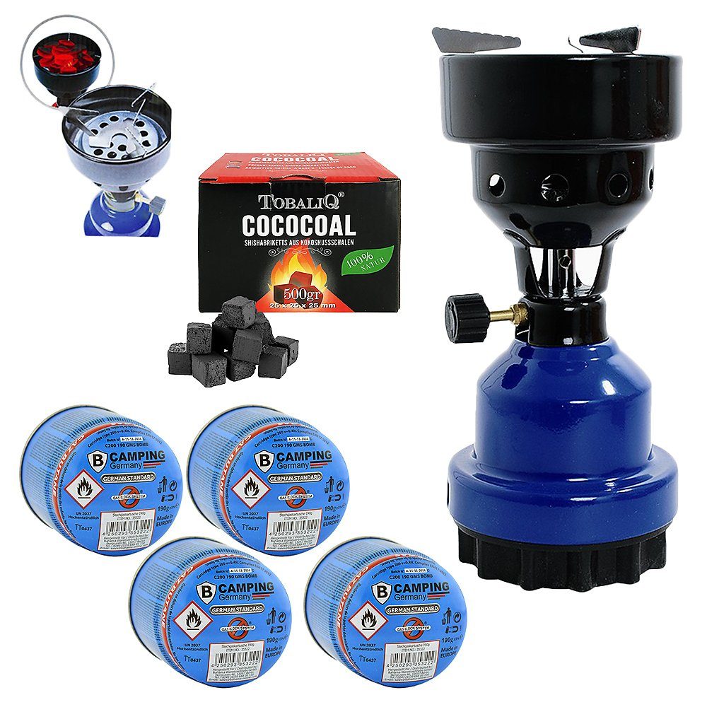Mianova Camping-Gasgrill 1 flammig Gaskocher Blau Campingkocher Gas Kocher + 4 Kartuschen Kohle, BBQ Barbecue Tischgrill Notfall Campingherd Stromausfall Notkocher Notfallkocher, 2in1 Metall Shisha Kohleanzünder Outdoor Grill Camping Herd