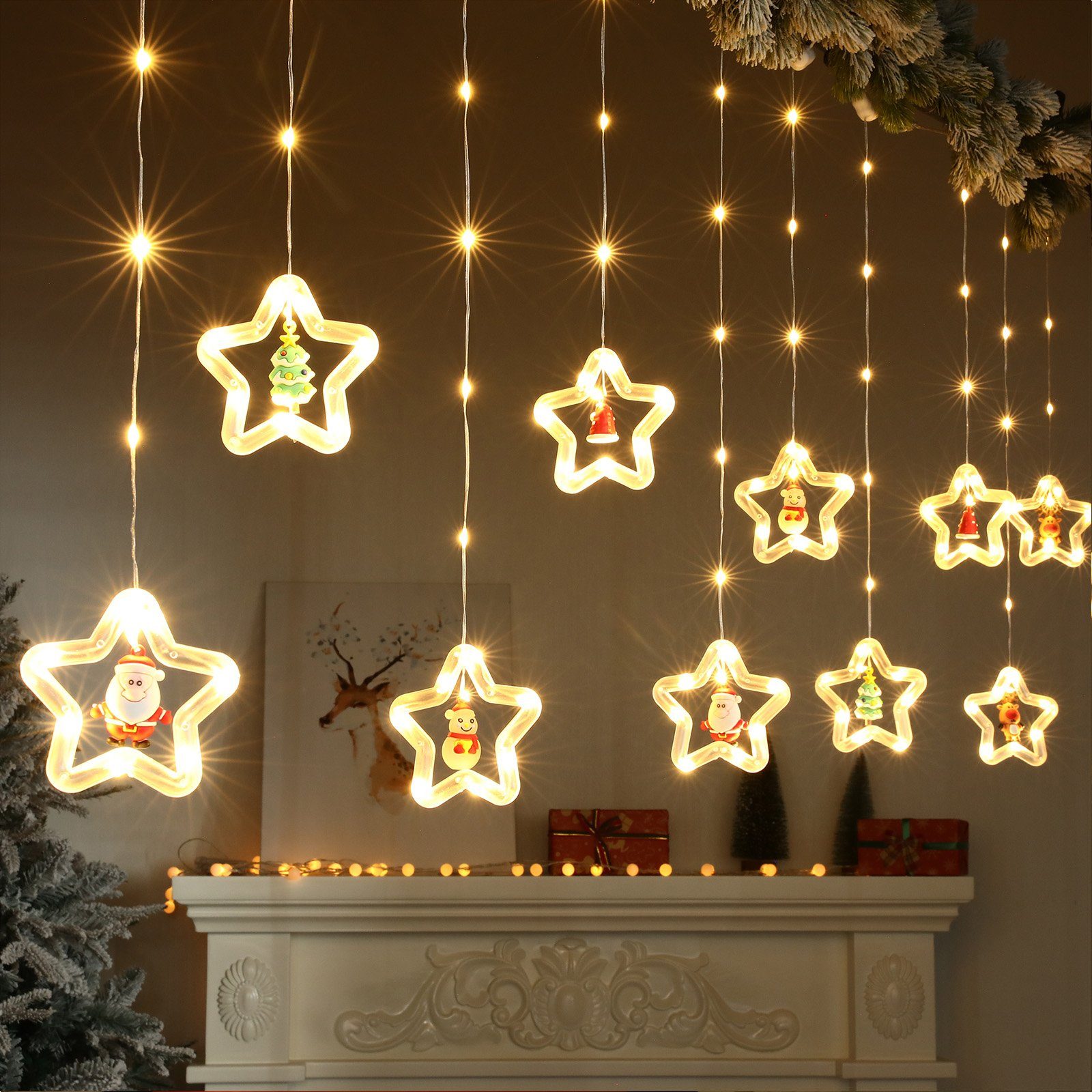 Sunicol LED-Lichterkette 3M Lichtervorhang, Fenster Party Weihnachtsdeko, USB/Batterie 8 Modi, Schneeflocken Sterne Xmas LED Lichterketten mit Fernsteuerung Timer Warmweiß Sterne