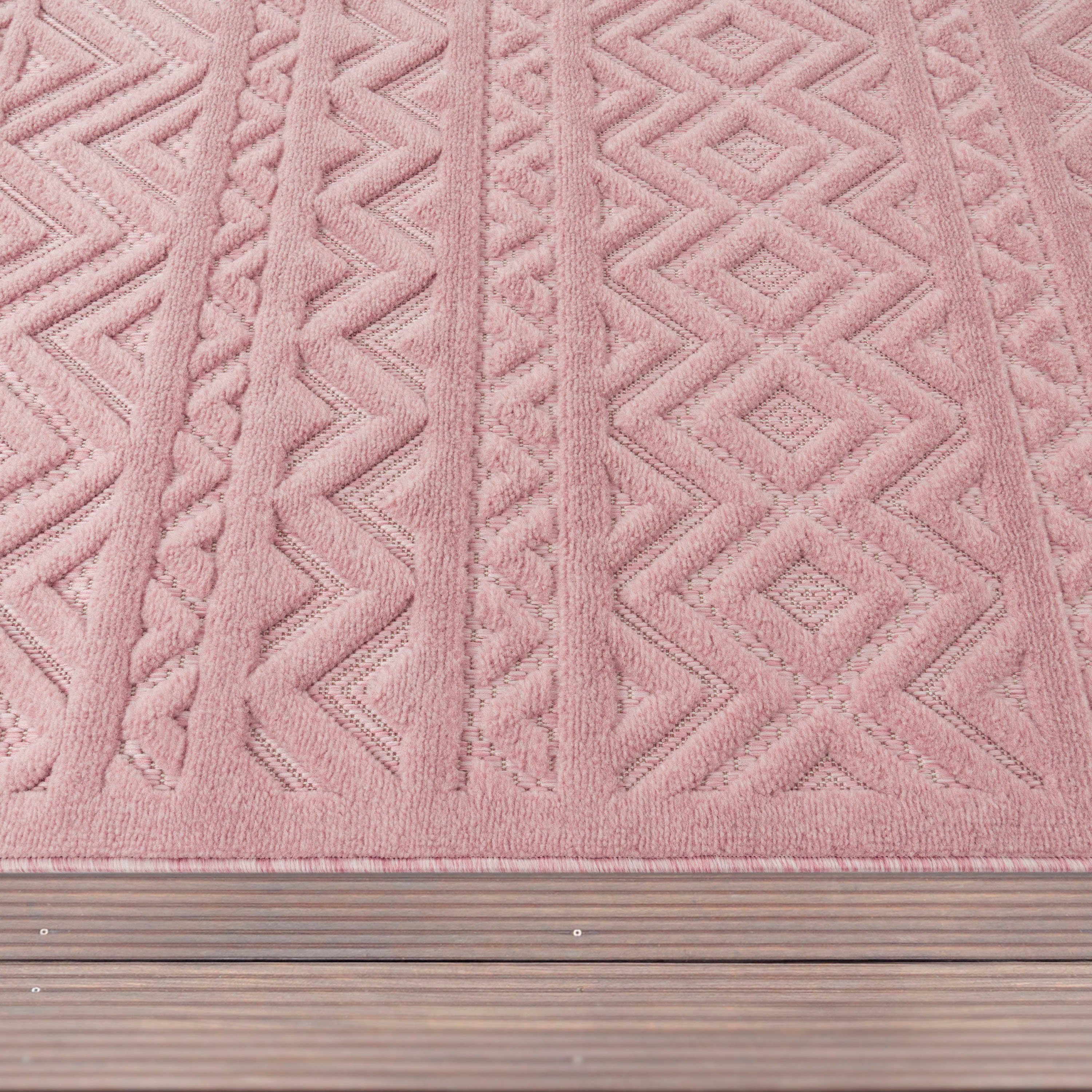 rechteckig, geeignet Paco Muster, Höhe: Teppich Rauten Scandi, 673, Uni-Farben, Livorno 14 Outdoor pink Hoch-Tief mm, Home, Effekt,