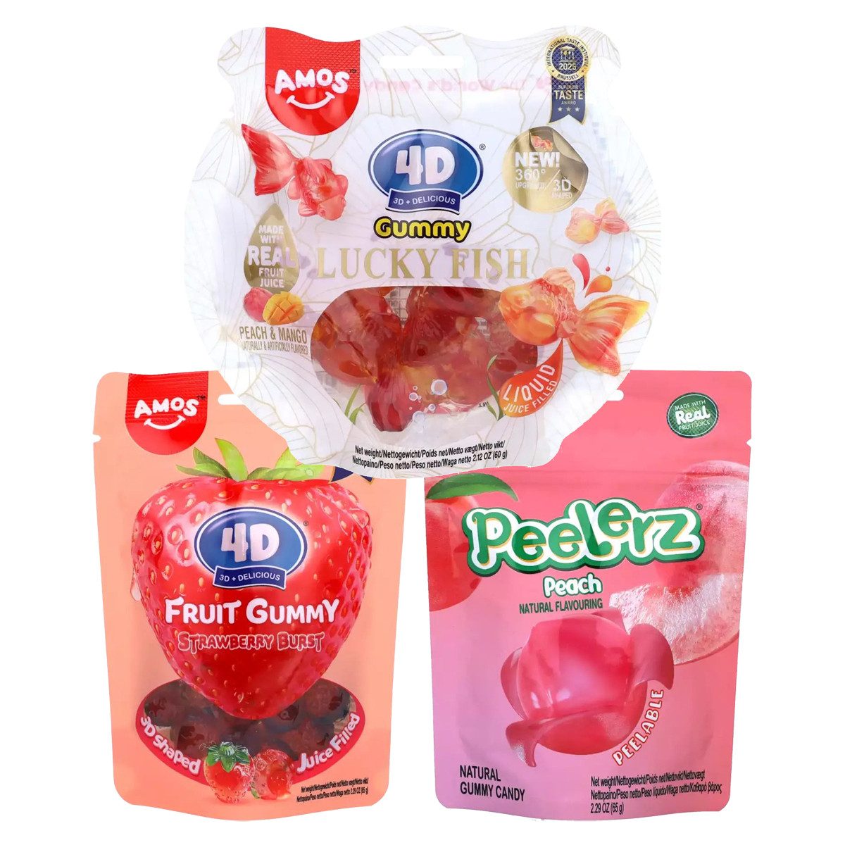 AMOS Süßigkeit, Amos Peelerz Pfirsich Mango Strawberry Burst Pfirsich 190g 3er Pack