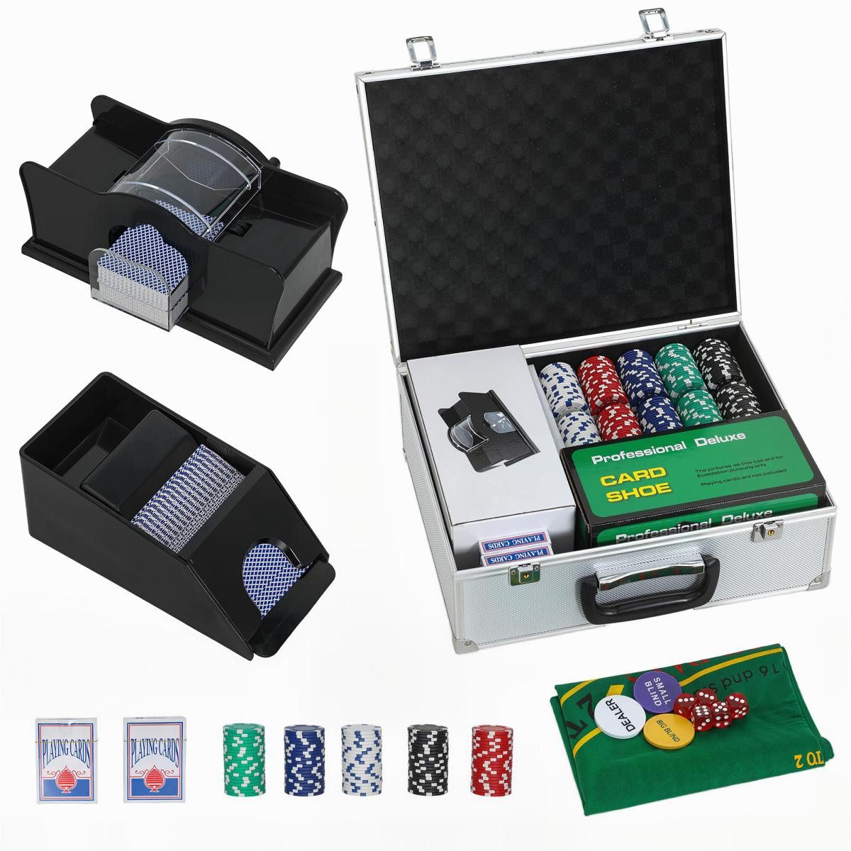 FELIXLEO Spielesammlung Poker Set 300 Chips 8 Spieler Chips Würfel Kartendecks Zubehör Koffer