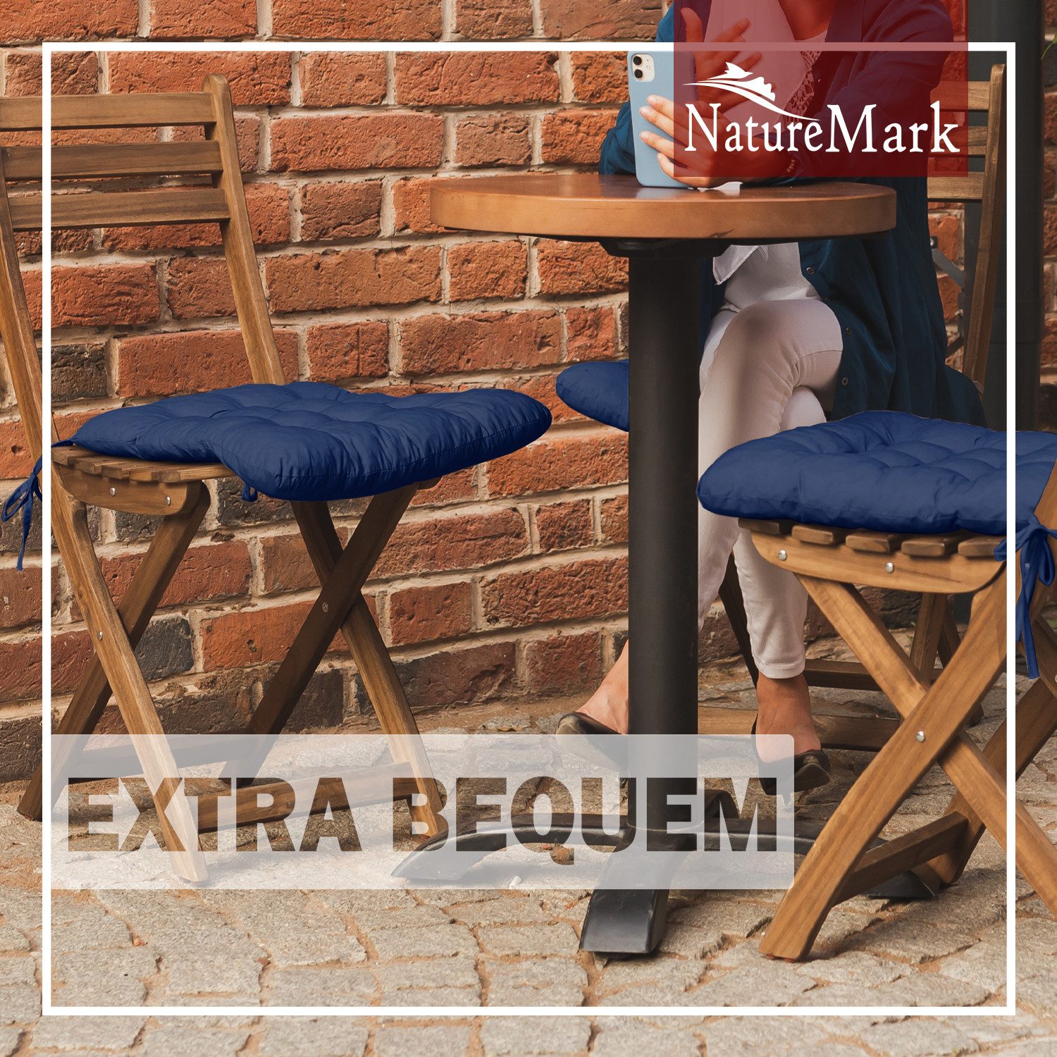 NatureMark Sitzkissen 4er-Set Stuhlkissen 40x40cm mit Bändern, Sitzpolster Kissen 4er Pack, schadstoffgeprüft, Navy blau