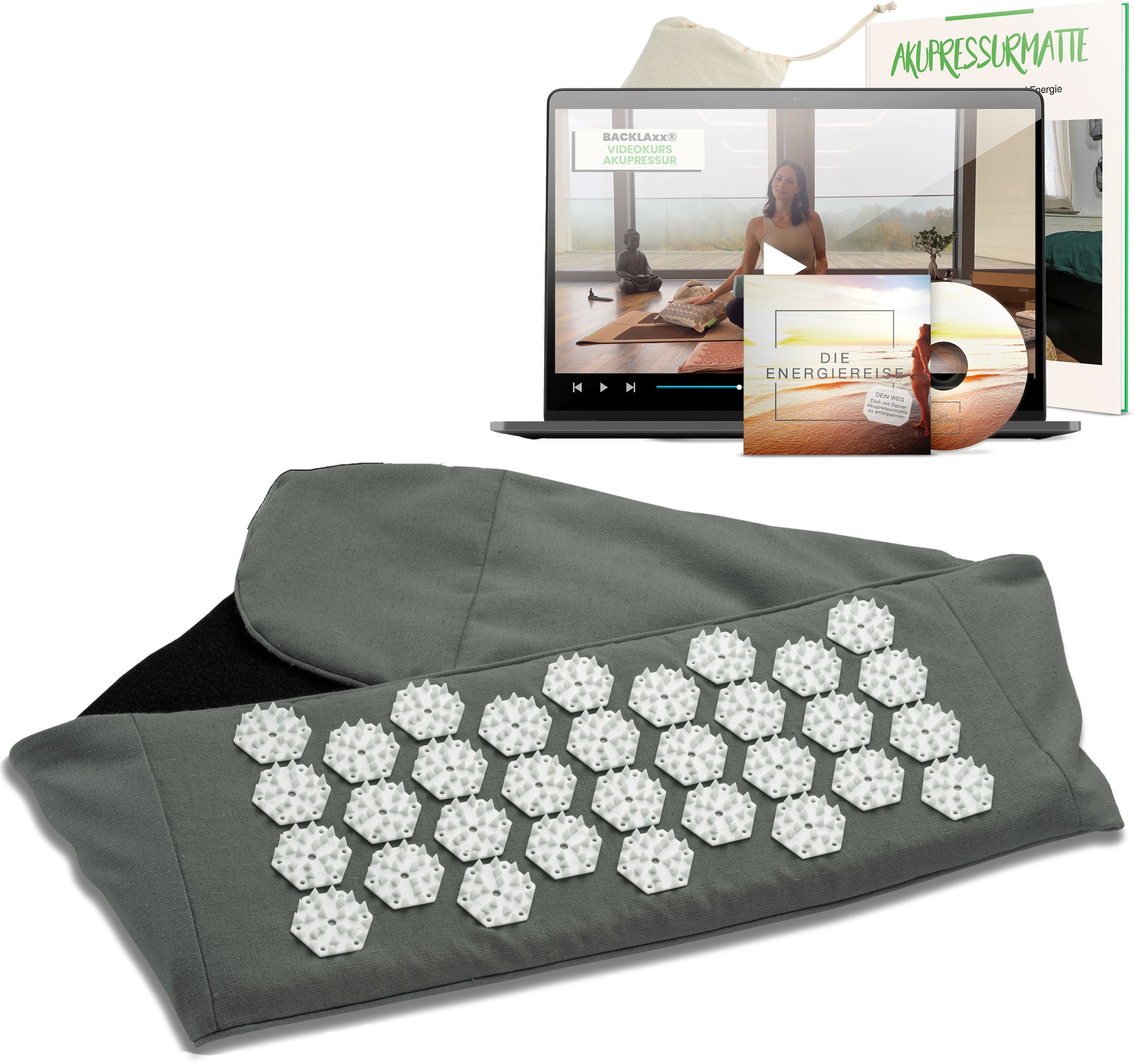 BACKLAxx® Akupressurmatte Akupressur Lendengürtel mit 736 Spitzen (Lendengurt mit Tasche - inkl. Videokurs & Hörbuch, Akupressur Gürtel gegen Rückenschmerzen), Intensitätsregulierung durch Klettverschluss