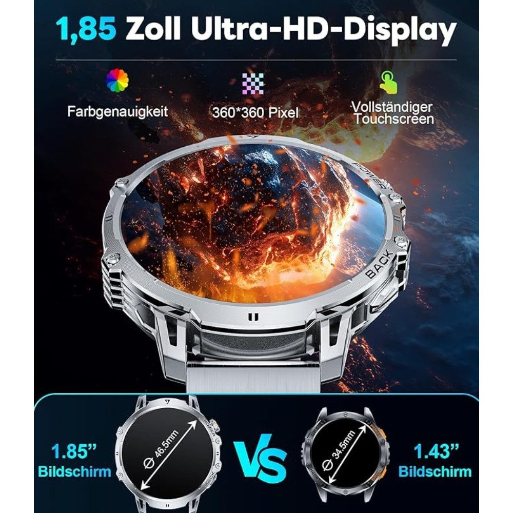 Lige 1000mAh Akku HD Display IP68 Wasserdicht Fitness Tracker; Herren's Smartwatch (4,7 cm/1,85 Zoll, Android iOS), mit 100+ Sportmodi Herzfrequenz, Schlafmonitor für Android und iOS